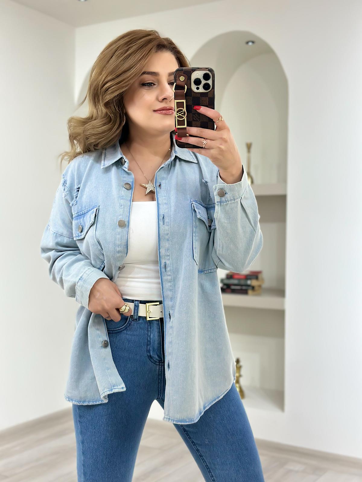 Yırtıklı Gabardin Gömlek BUZ MAVİ