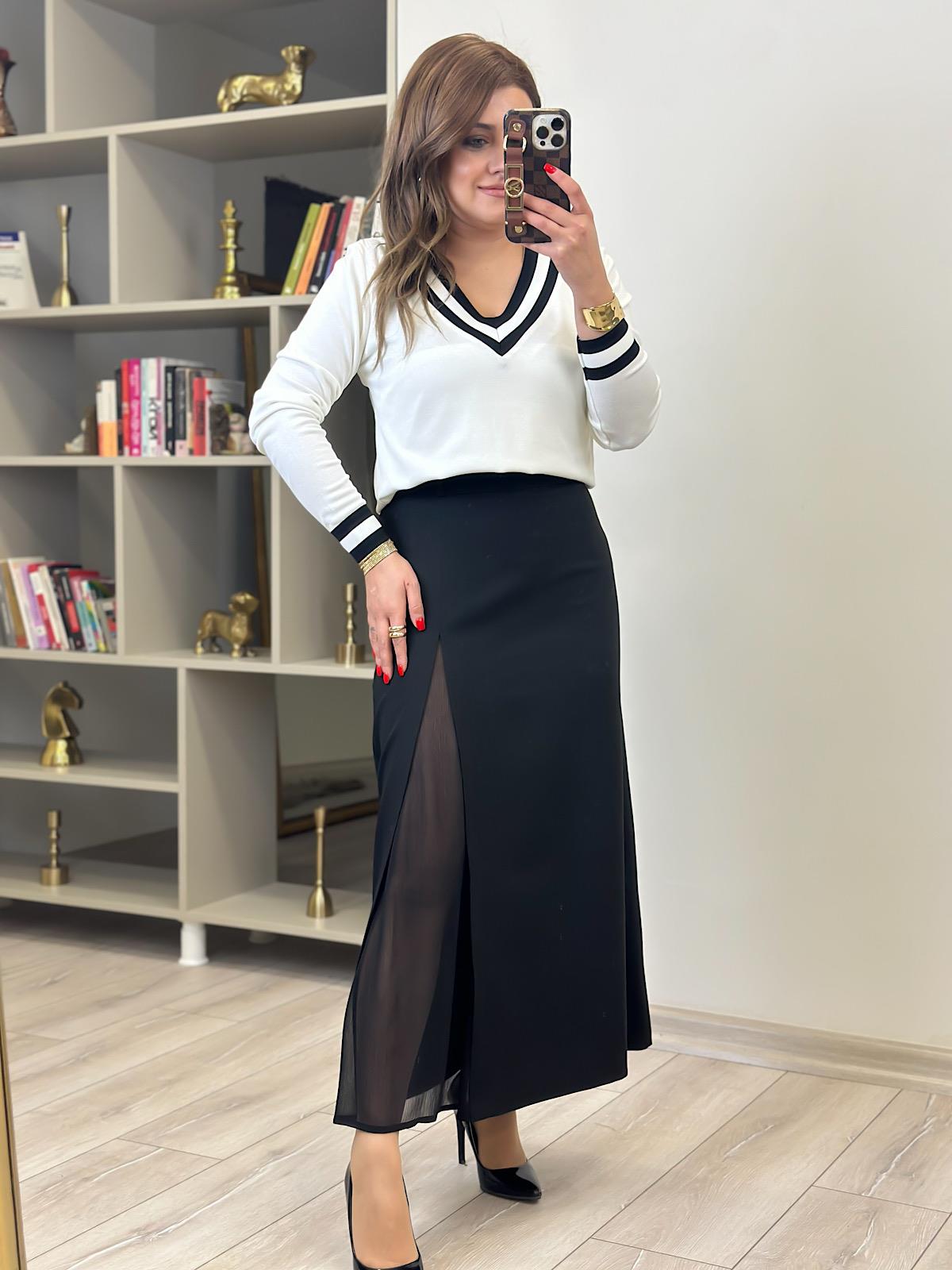 Yırtmaç Ve Tül Detaylı Kumaş Etek SİYAH