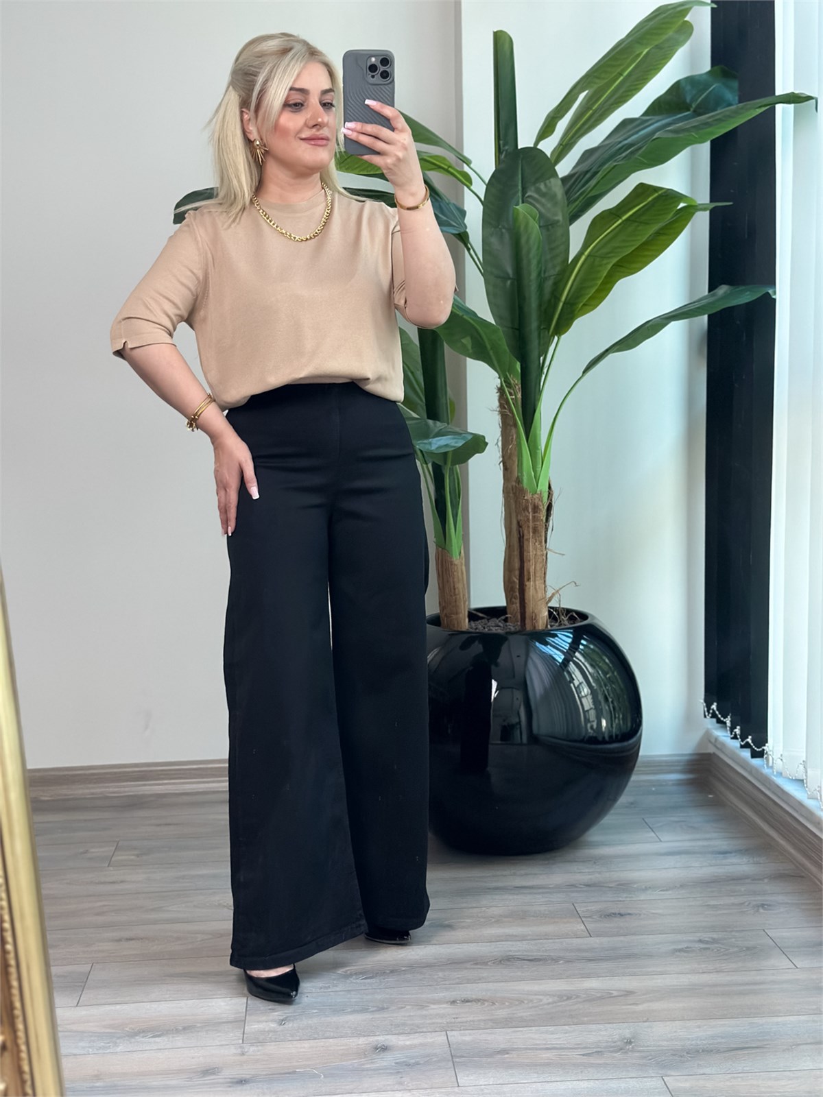 Yüksek Bel Beli Lastikli Plazzo Kot Pantolon SİYAH
