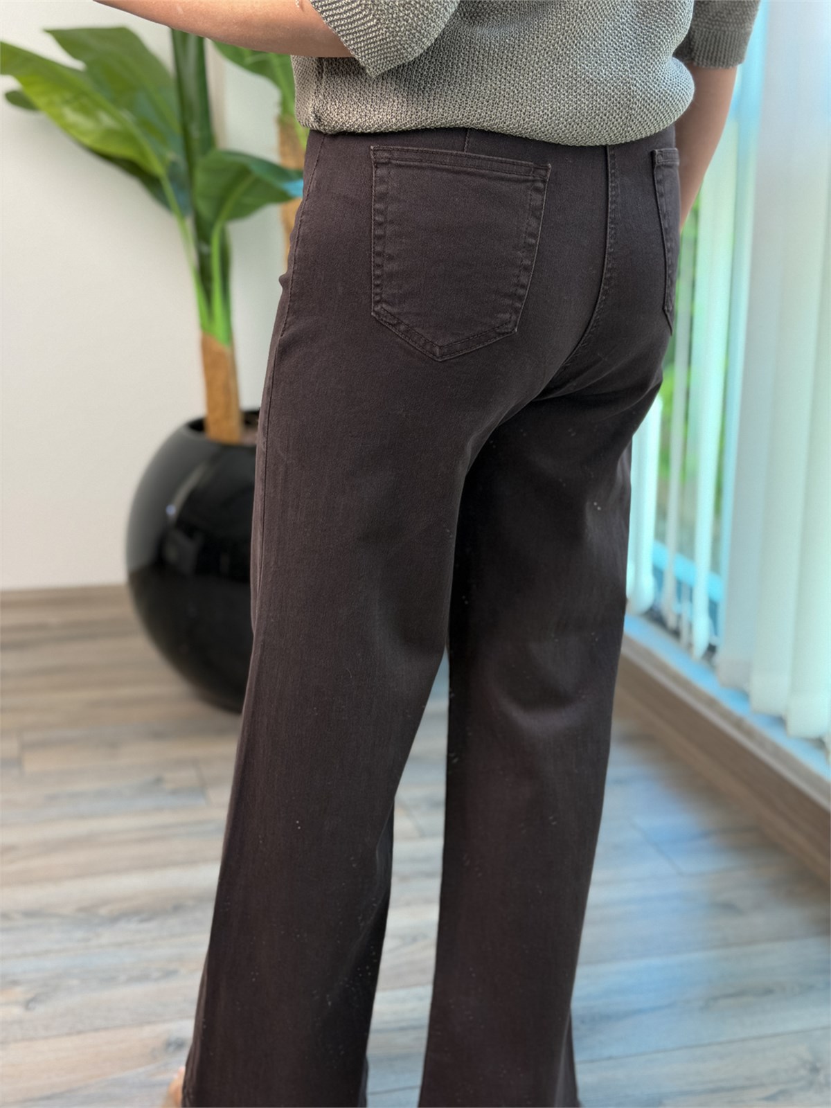 Yüksek Bel Beli Lastikli Plazzo Kot Pantolon KAHVE