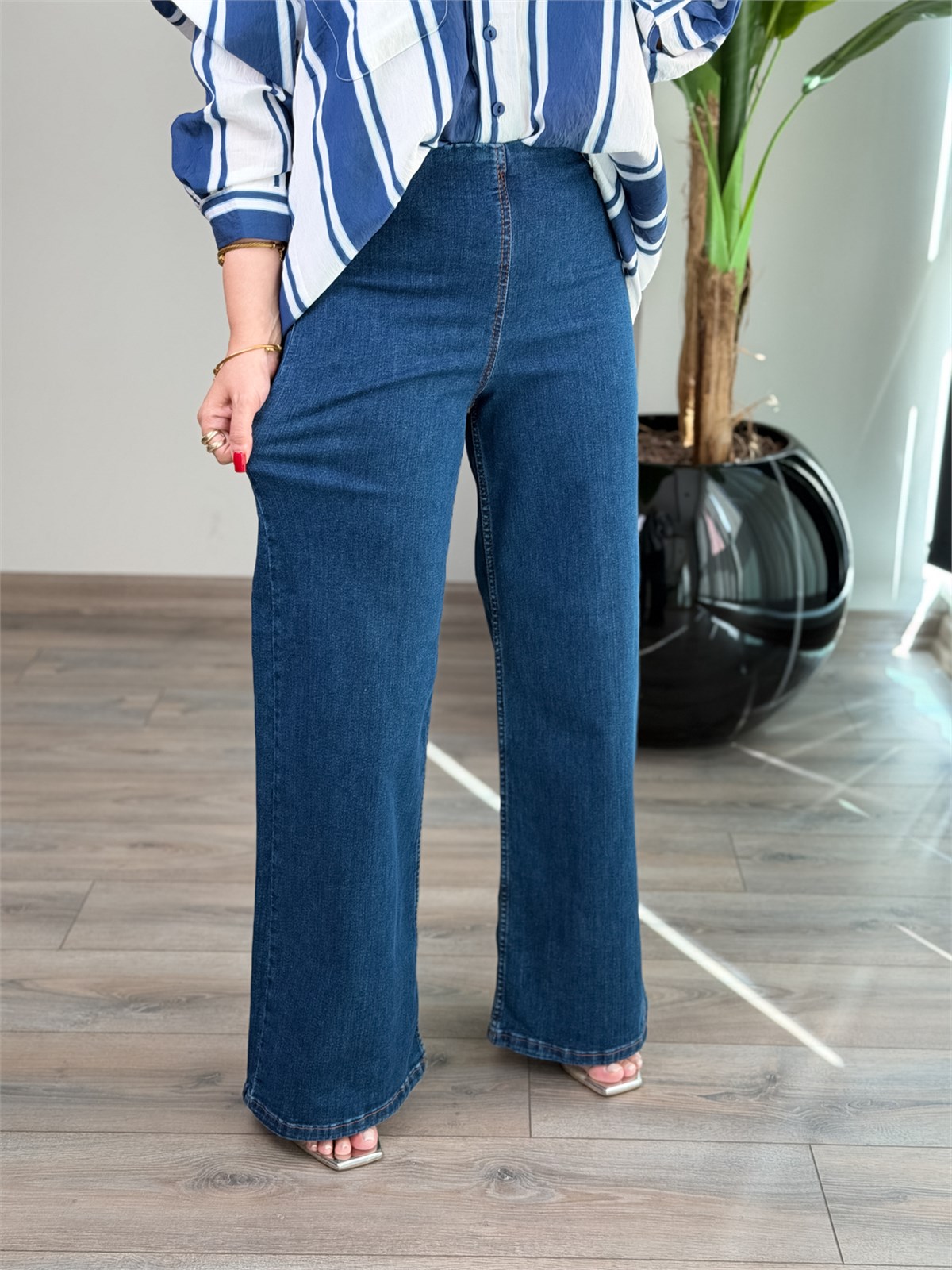 Yüksek Bel Beli Lastikli Plazzo Kot Pantolon LACİVERT