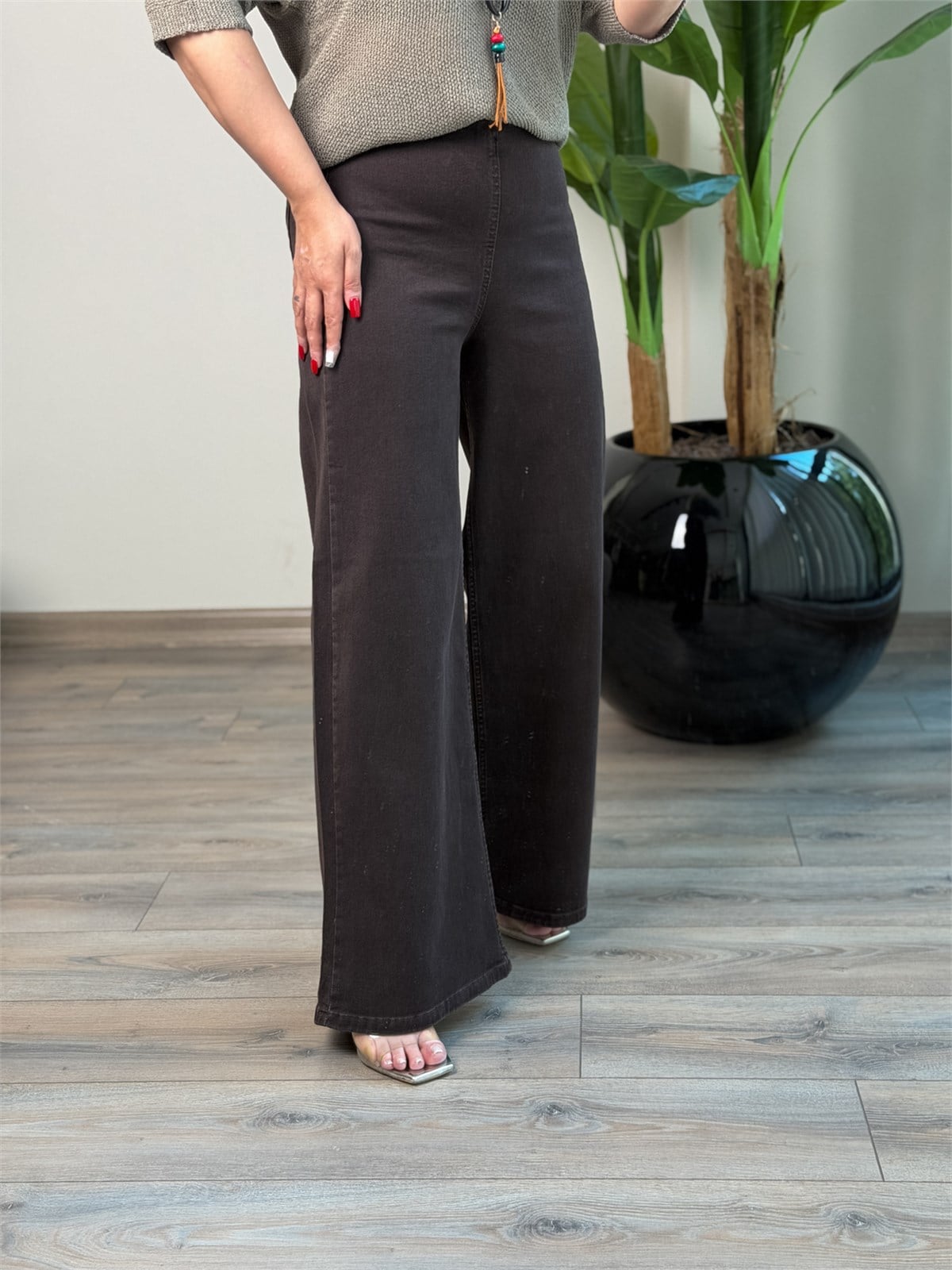 Yüksek Bel Beli Lastikli Plazzo Kot Pantolon KAHVE