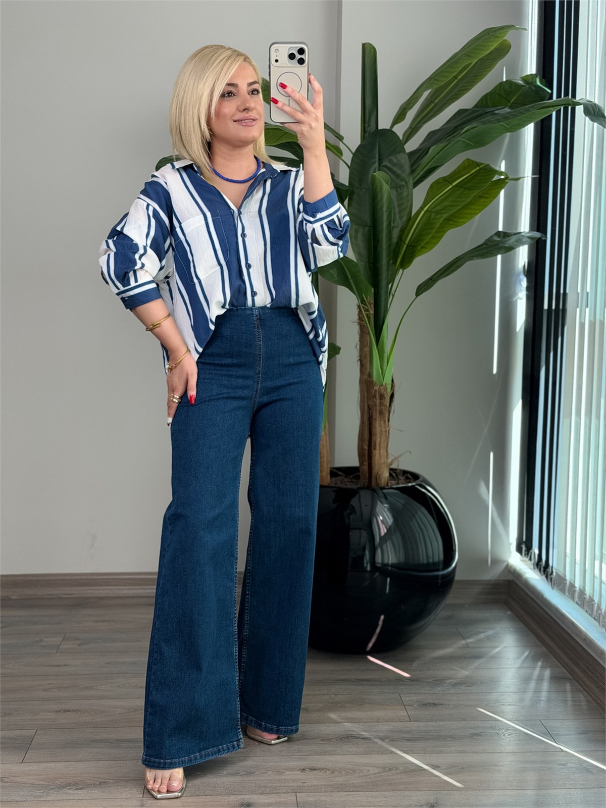 Yüksek Bel Beli Lastikli Plazzo Kot Pantolon LACİVERT