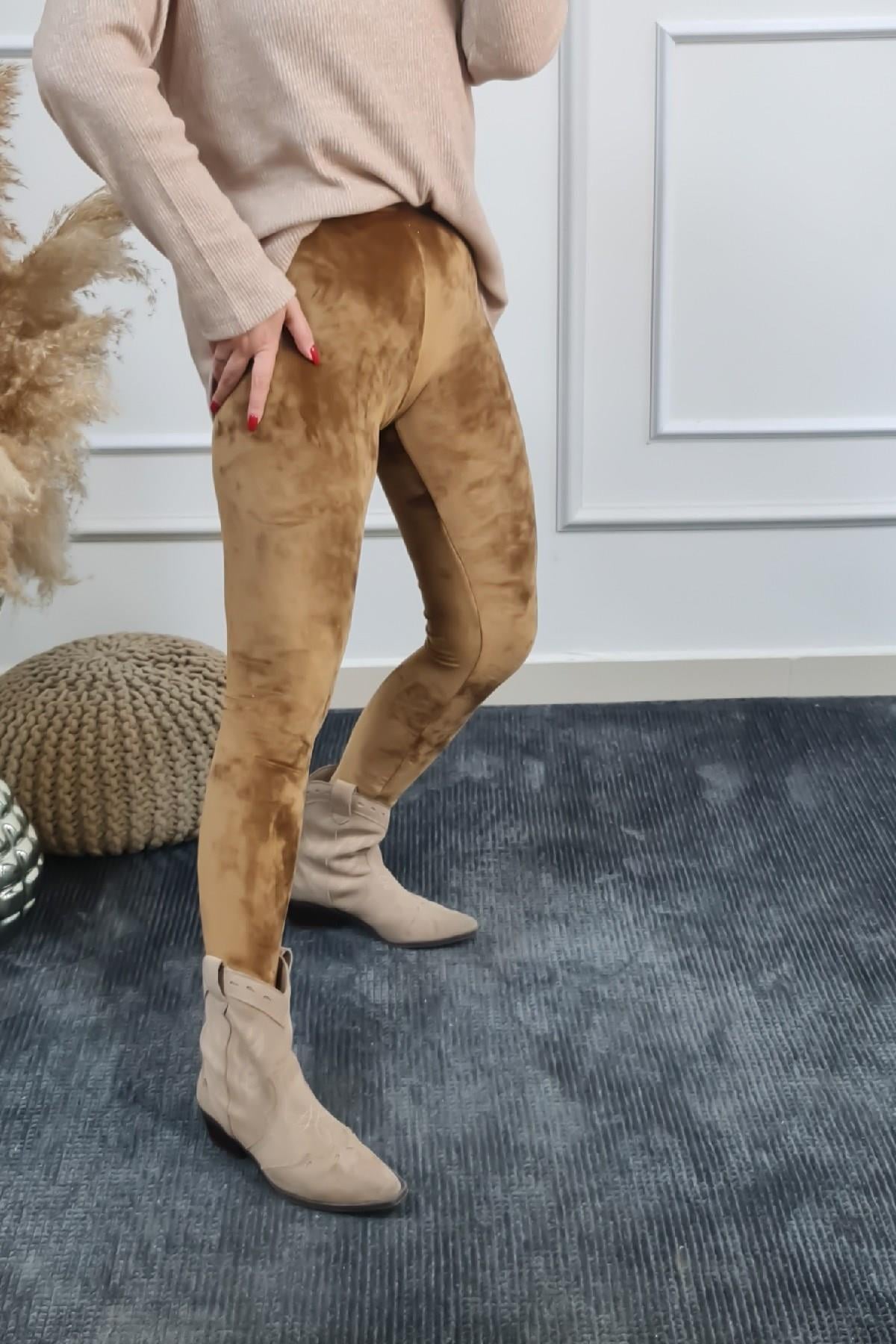 Yüksek Bel Geniş Kemerli Kadife Tayt ACI KAHVE