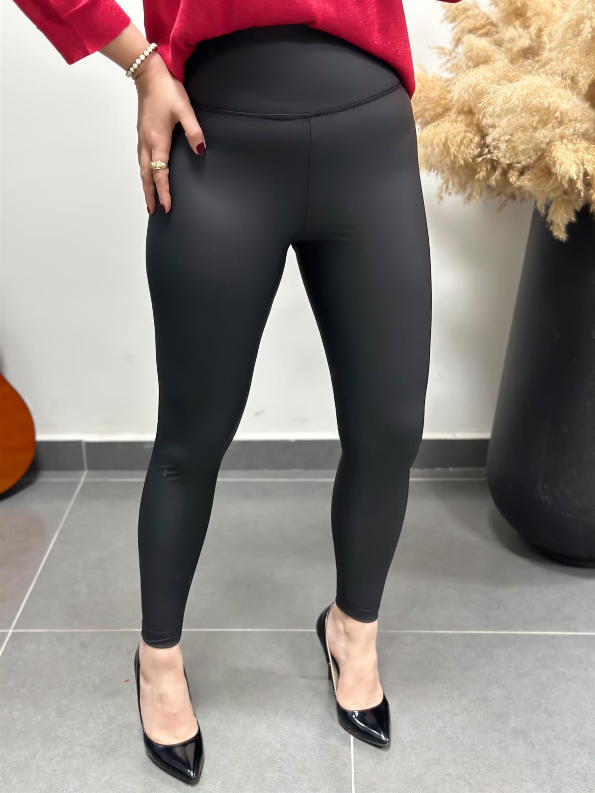 Yüksek Bel Kalın Kemerli Toparlayıcı Mat Deri Tayt SİYAH