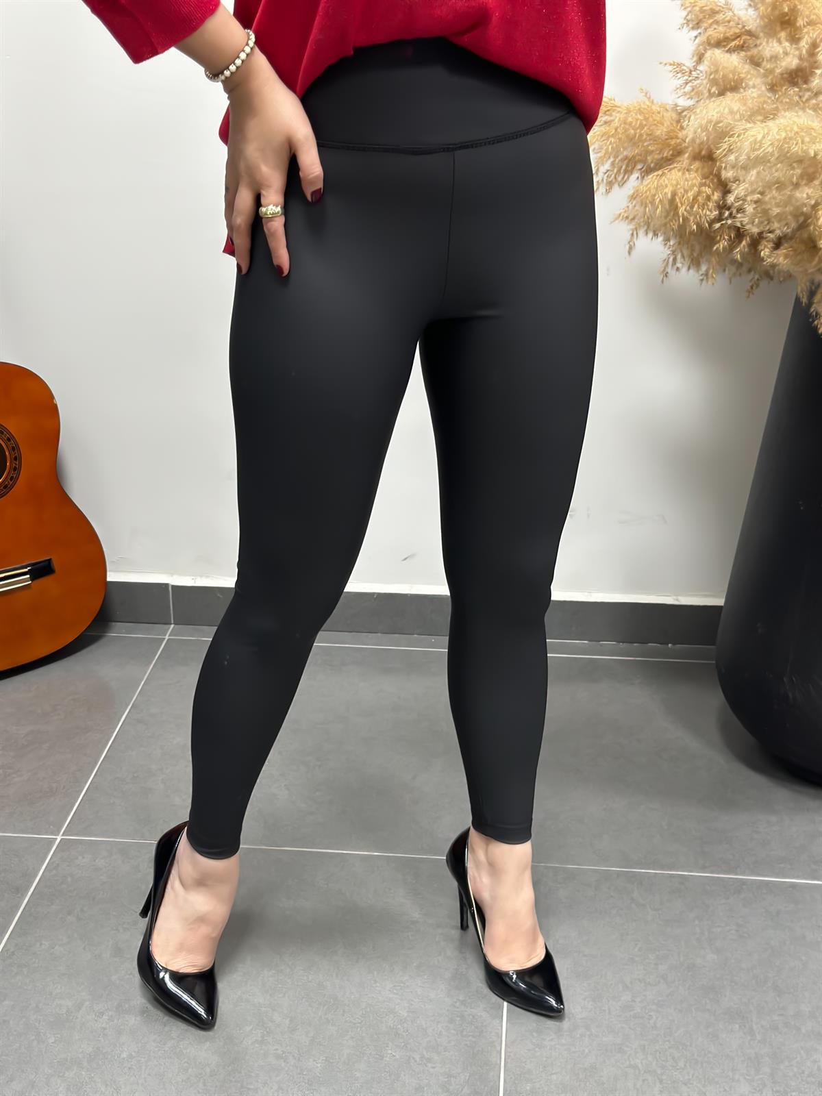 Yüksek Bel Kalın Kemerli Toparlayıcı Mat Deri Tayt SİYAH