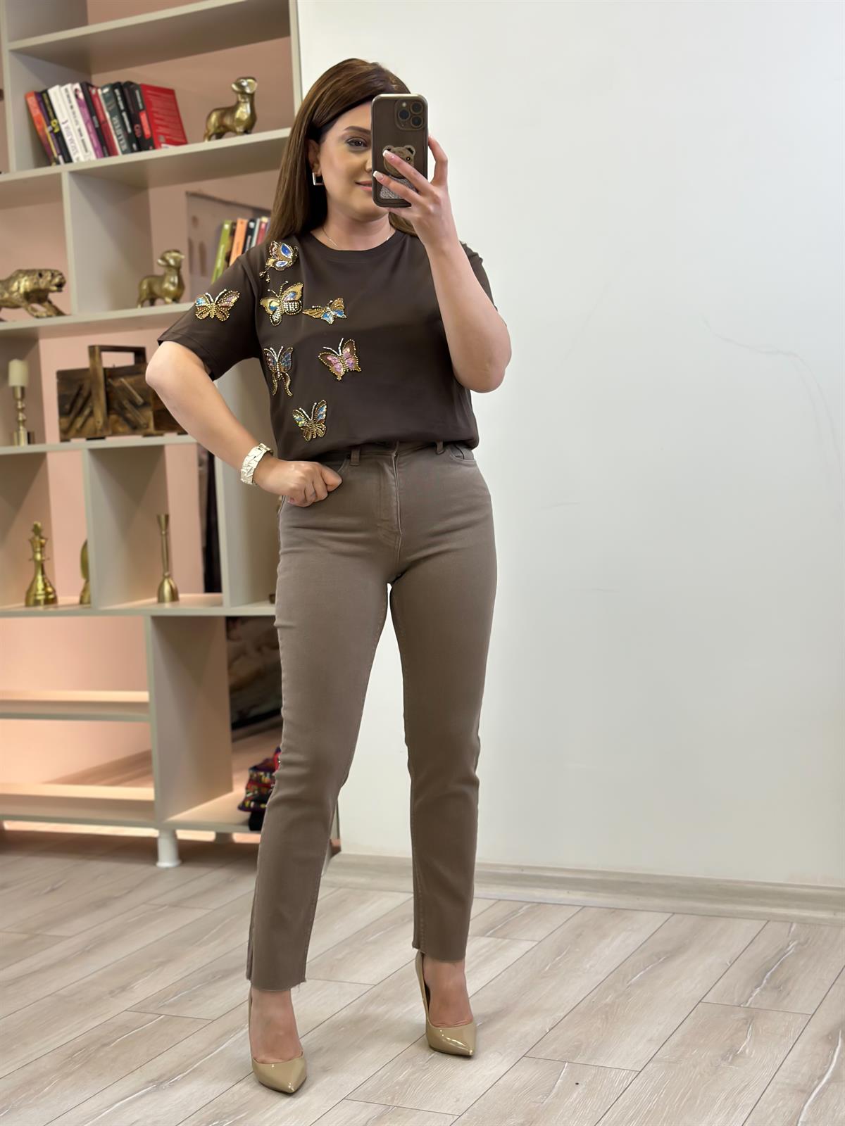 Yüksek Bel Likralı Toparlayıcı Paçası Kesik Fit Mom Jean VİZON