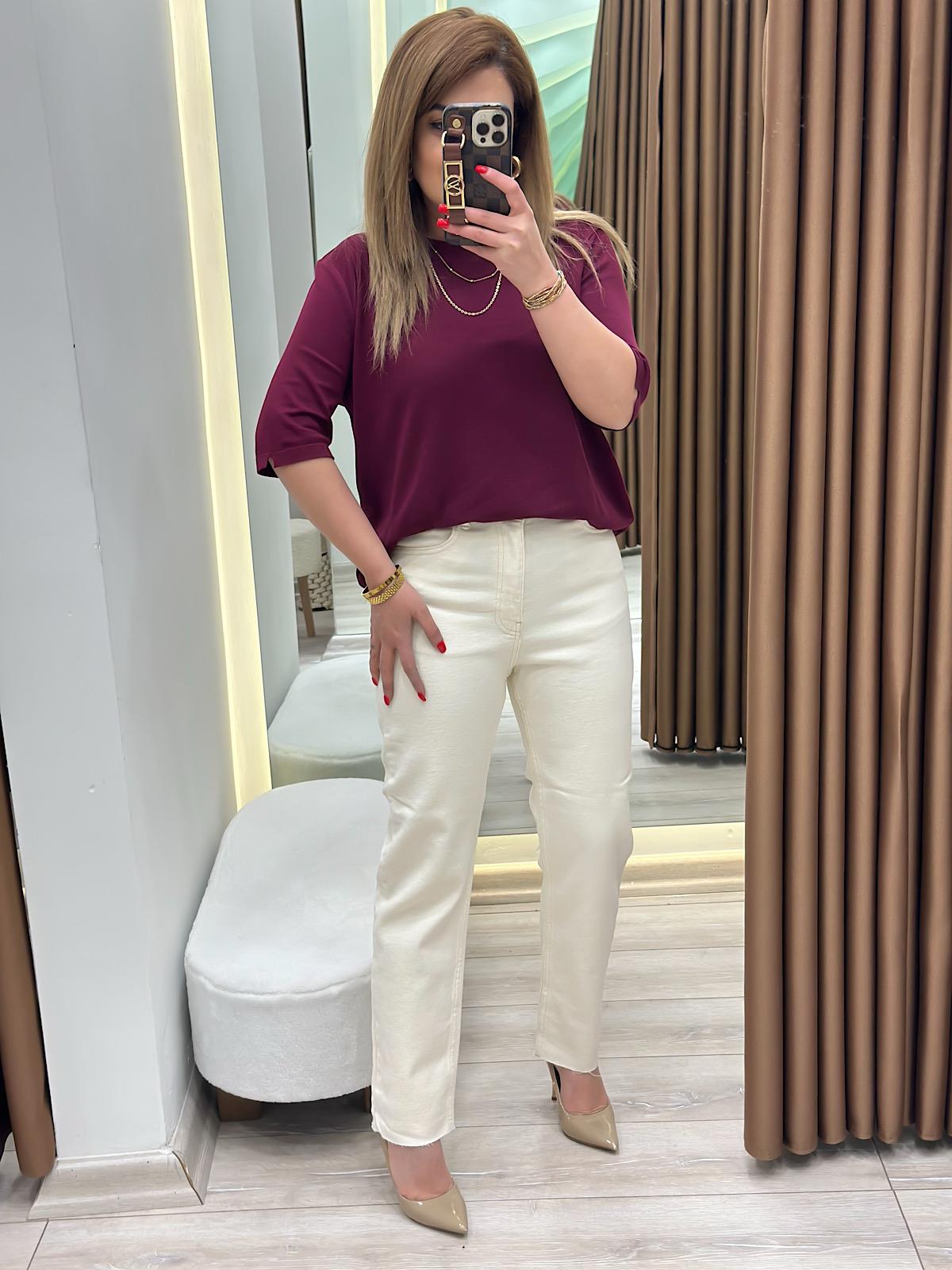 Yüksek Bel Likralı Toparlayıcı Paçası Kesik Fit Mom Jean EKRU