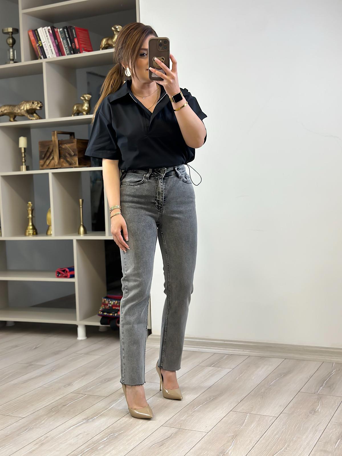 Yüksek Bel Likralı Toparlayıcı Paçası Kesik Fit Mom Jean GRİ