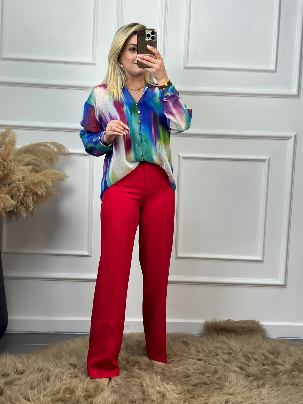 Yüksek Bel Önden Pensli Palazzo Kumaş Pantolon KIRMIZI