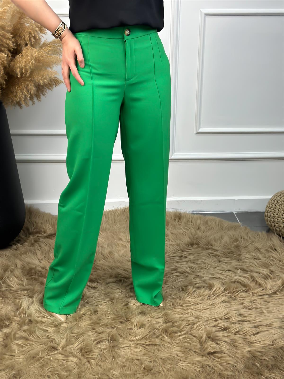 Yüksek Bel Önden Pensli Palazzo Kumaş Pantolon YEŞİL