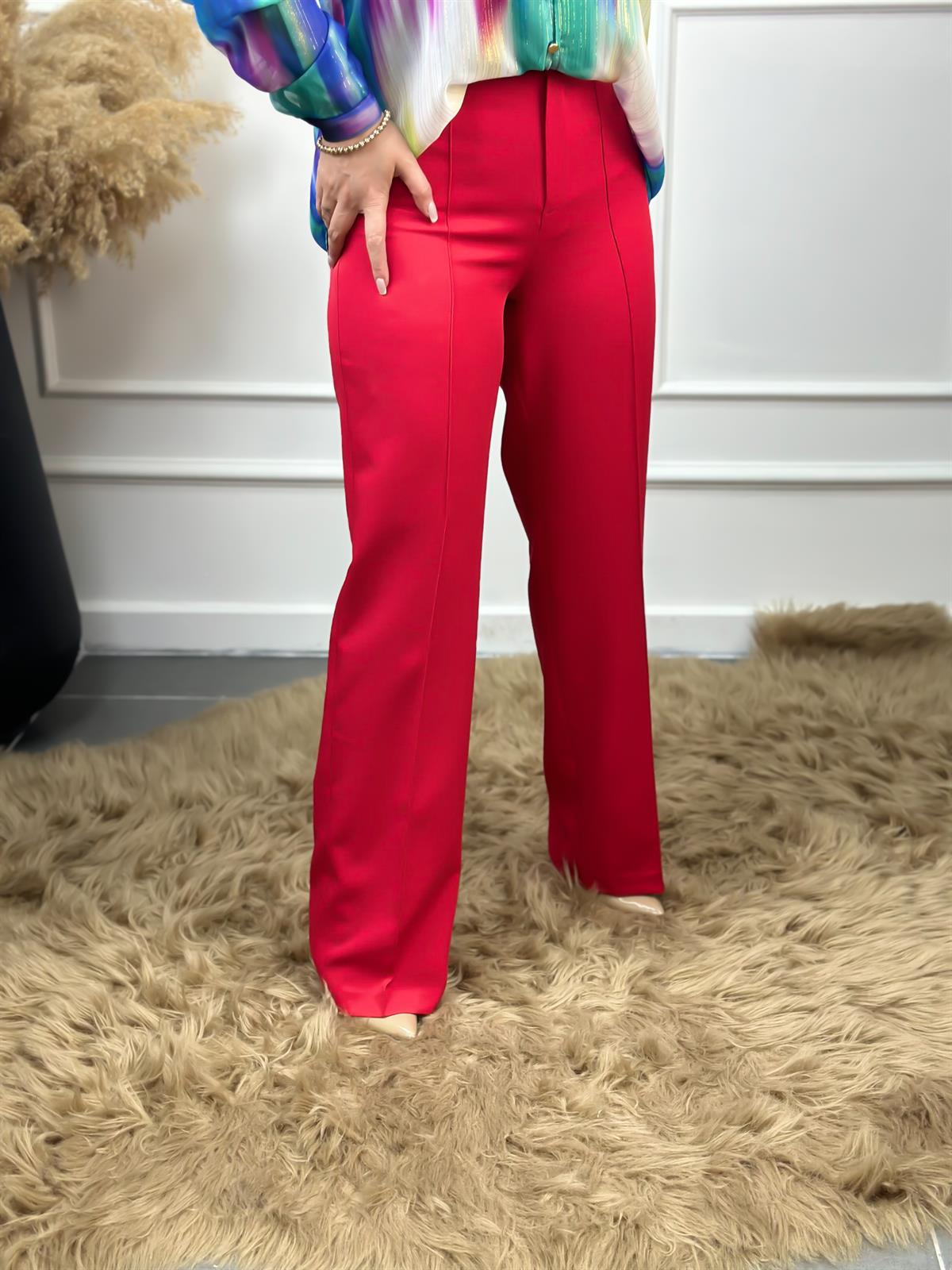 Yüksek Bel Önden Pensli Palazzo Kumaş Pantolon KIRMIZI