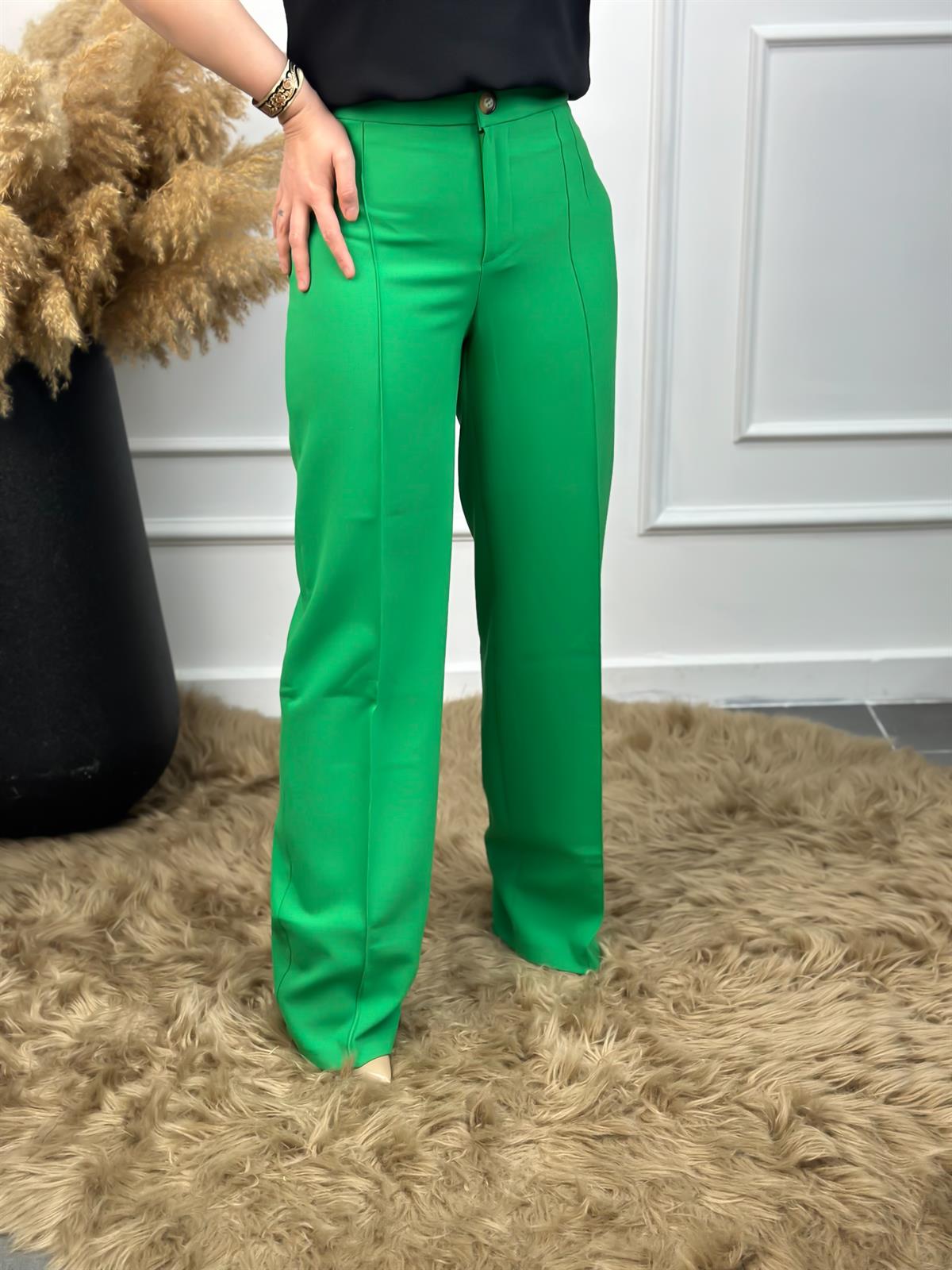 Yüksek Bel Önden Pensli Palazzo Kumaş Pantolon YEŞİL