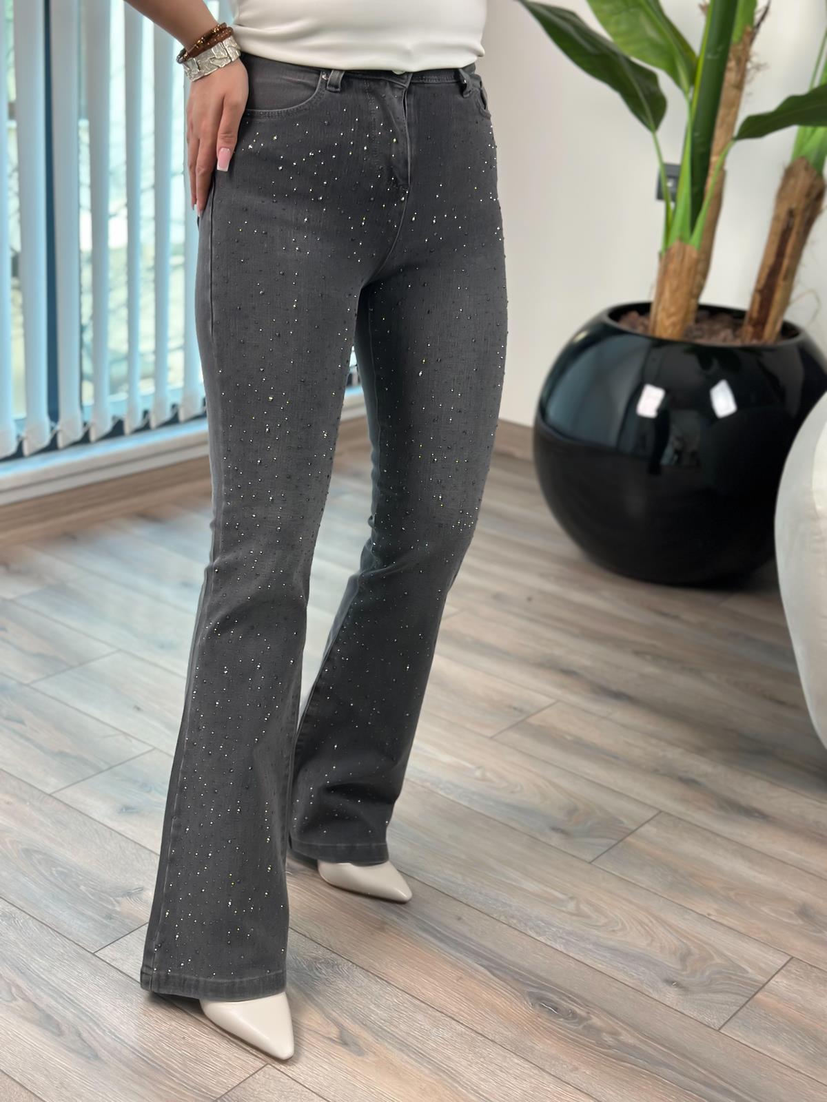 Yüksek Bel Önü Damla Taşlı Full Likralı  Büyük  Beden Pantolon GRİ