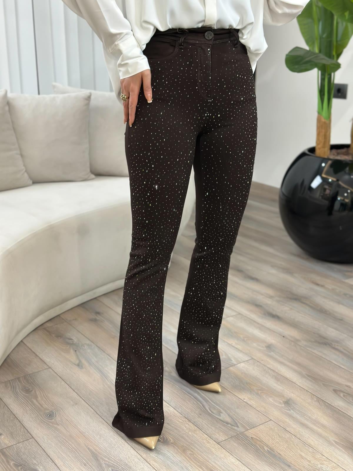 Yüksek Bel Önü Damla Taşlı Full Likralı  Büyük  Beden Pantolon ACI KAHVE