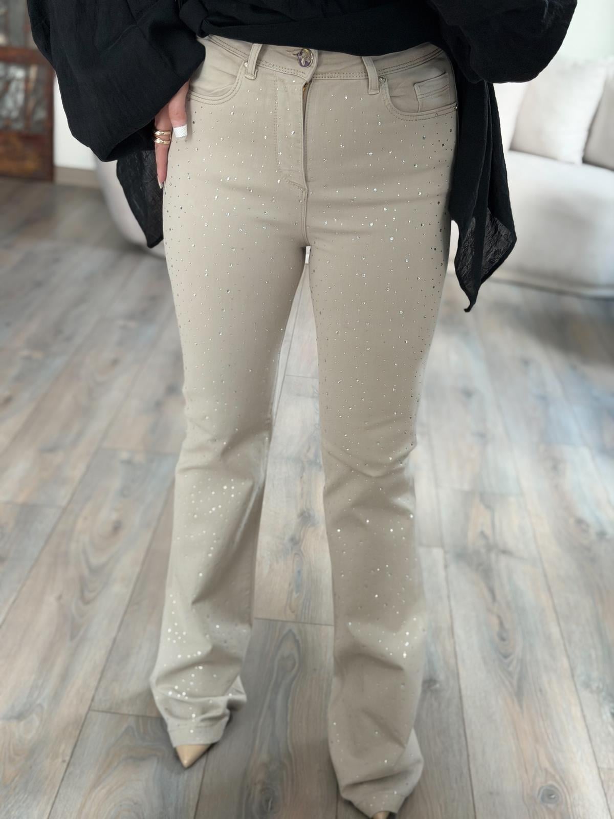 Yüksek Bel Önü Damla Taşlı Full Likralı  Büyük  Beden Pantolon BEJ