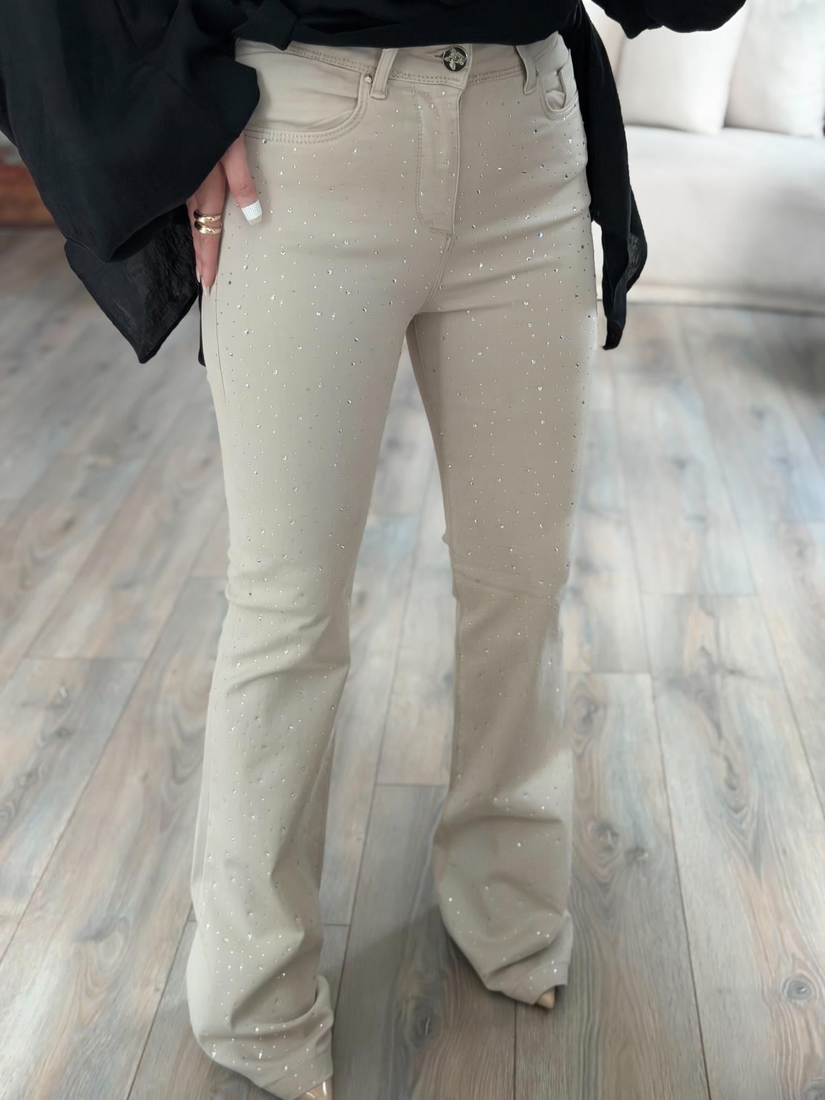 Yüksek Bel Önü Damla Taşlı Full Likralı  Büyük  Beden Pantolon BEJ