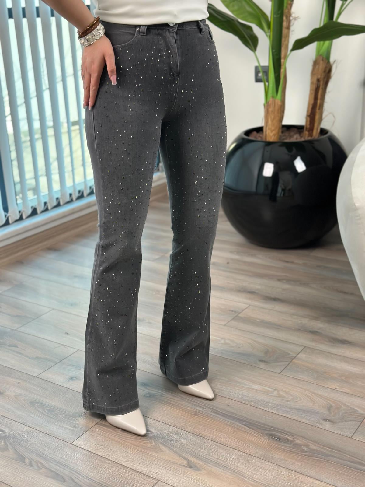 Yüksek Bel Önü Damla Taşlı Full Likralı  Büyük  Beden Pantolon GRİ