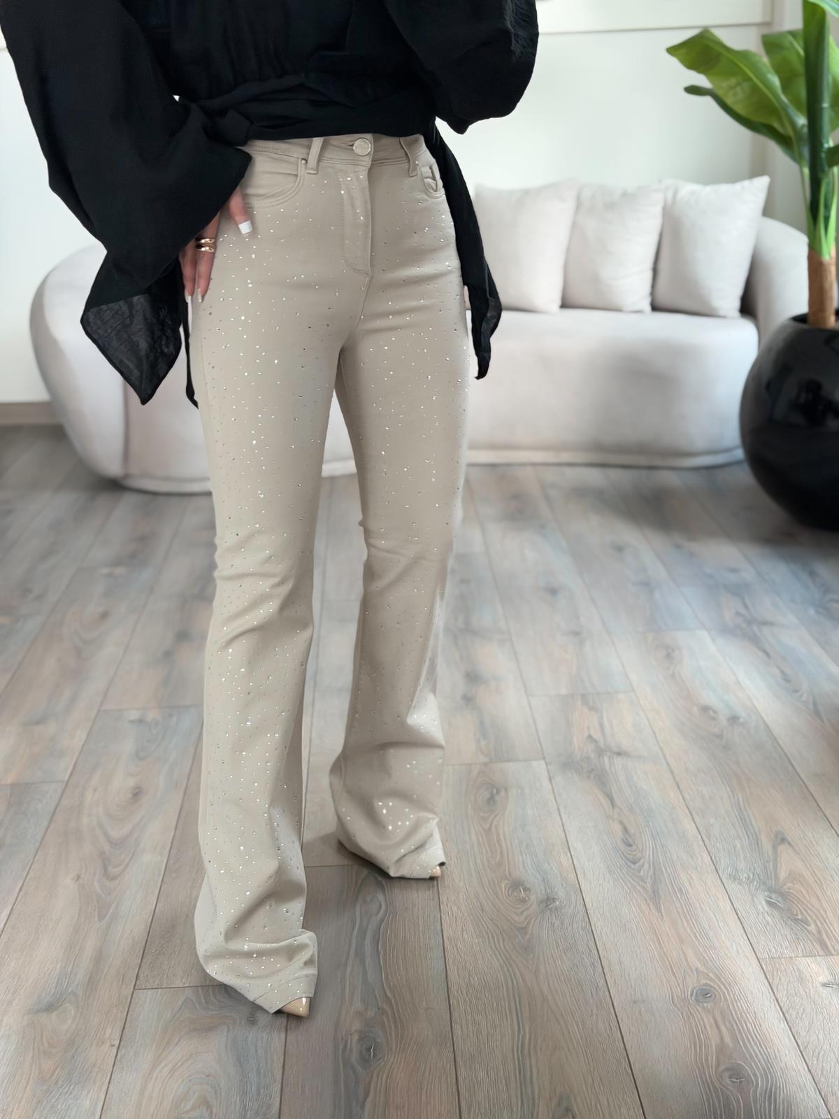 Yüksek Bel Önü Damla Taşlı Full Likralı  Büyük  Beden Pantolon BEJ