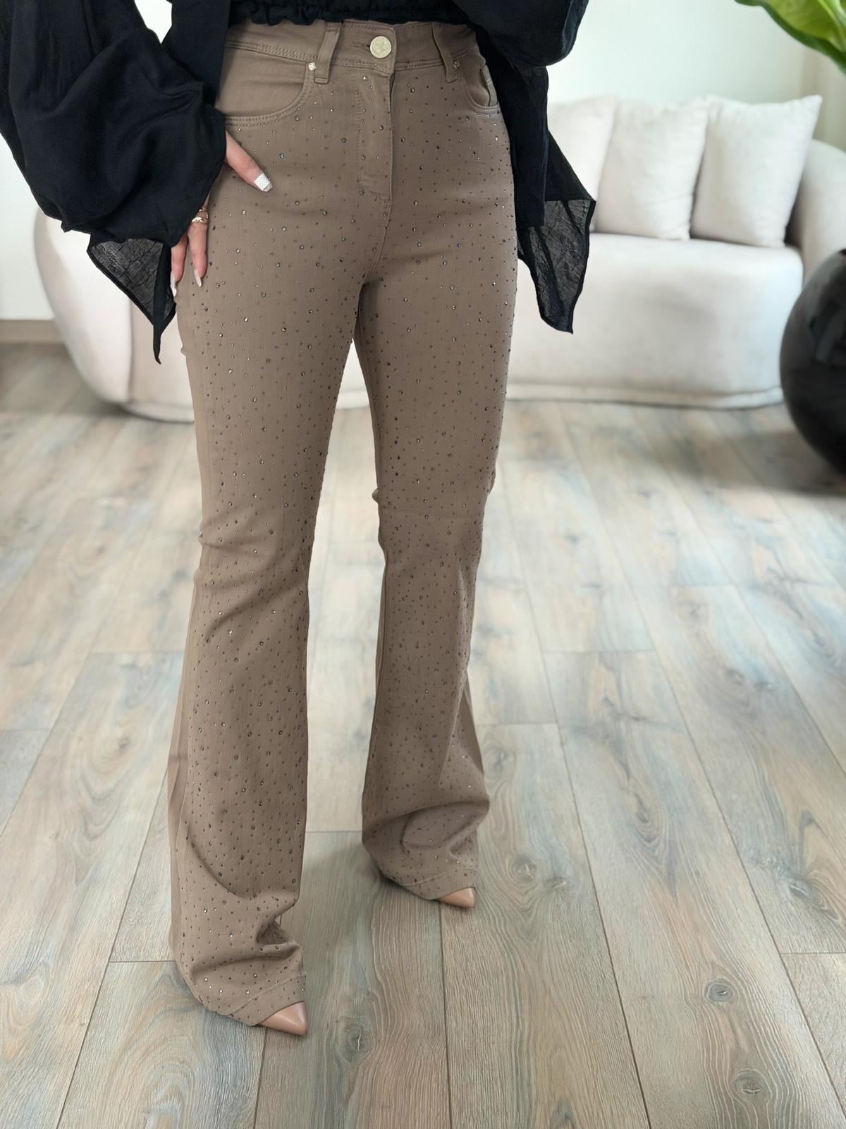 Yüksek Bel Önü Damla Taşlı Full Likralı  Büyük  Beden Pantolon VİZON