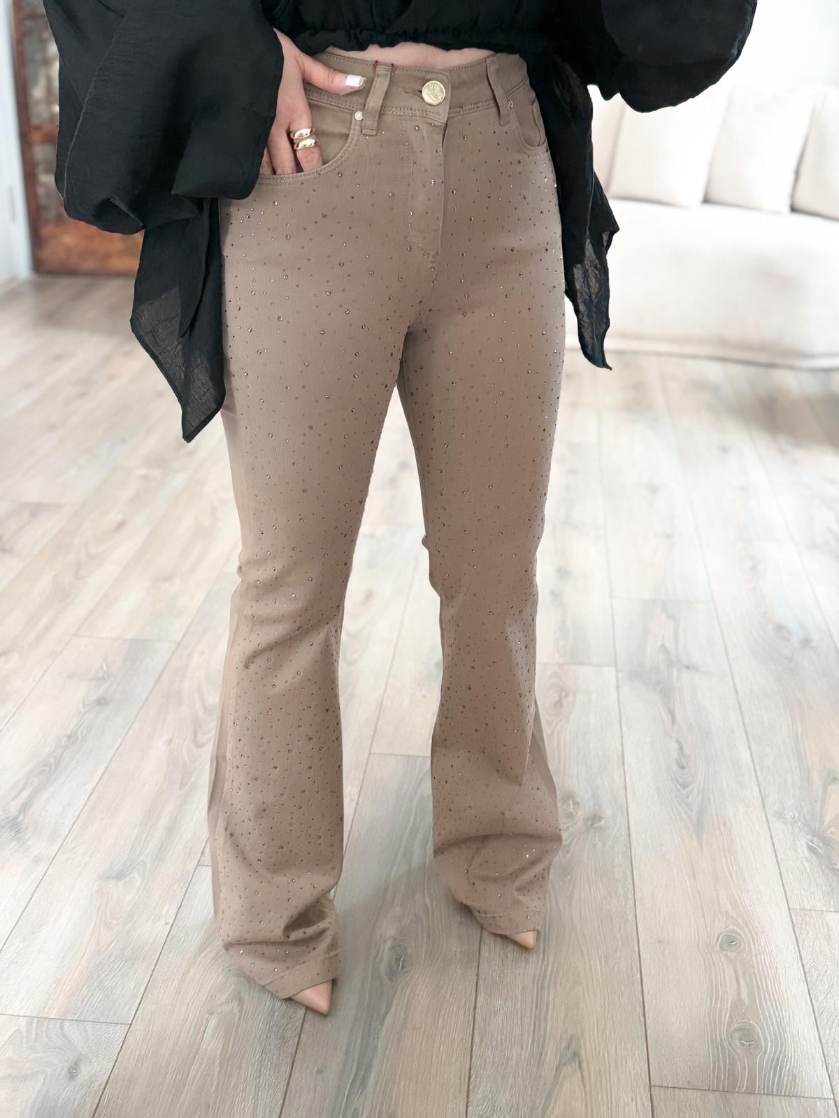 Yüksek Bel Önü Damla Taşlı Full Likralı  Büyük  Beden Pantolon VİZON