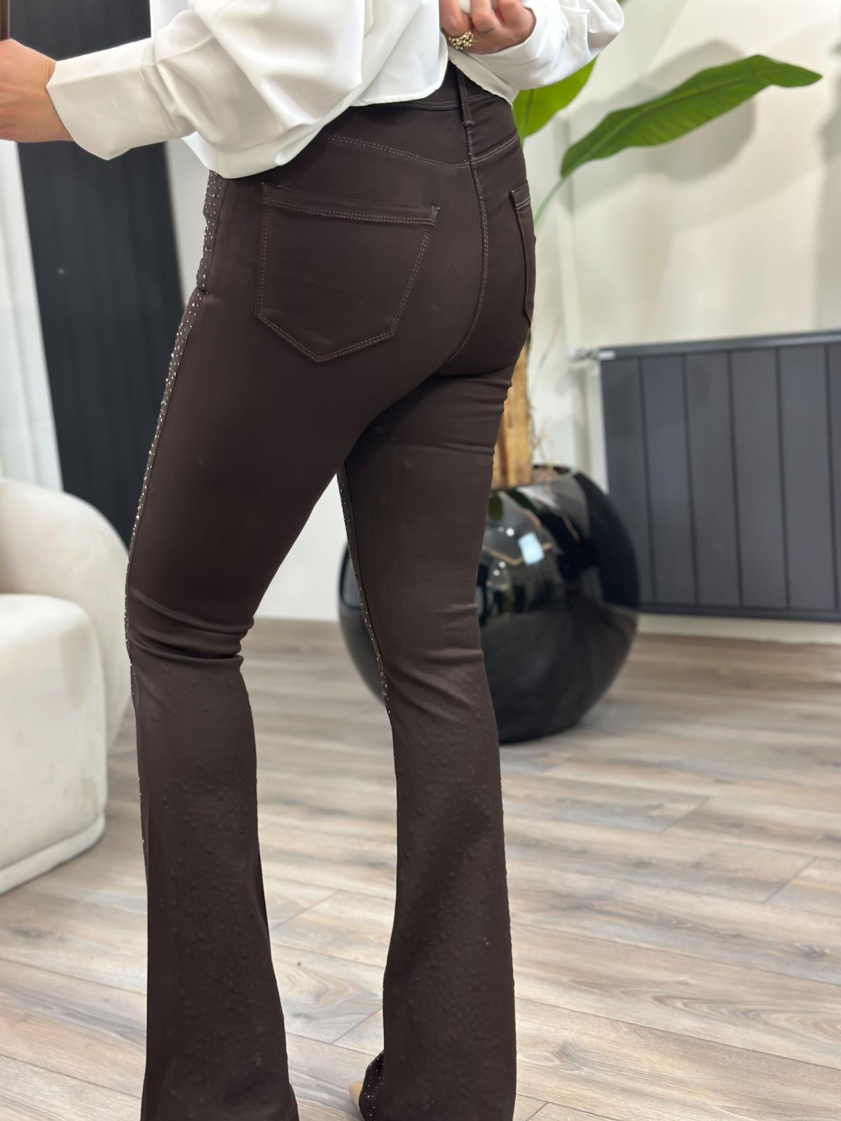 Yüksek Bel Önü Damla Taşlı Full Likralı  Büyük  Beden Pantolon ACI KAHVE