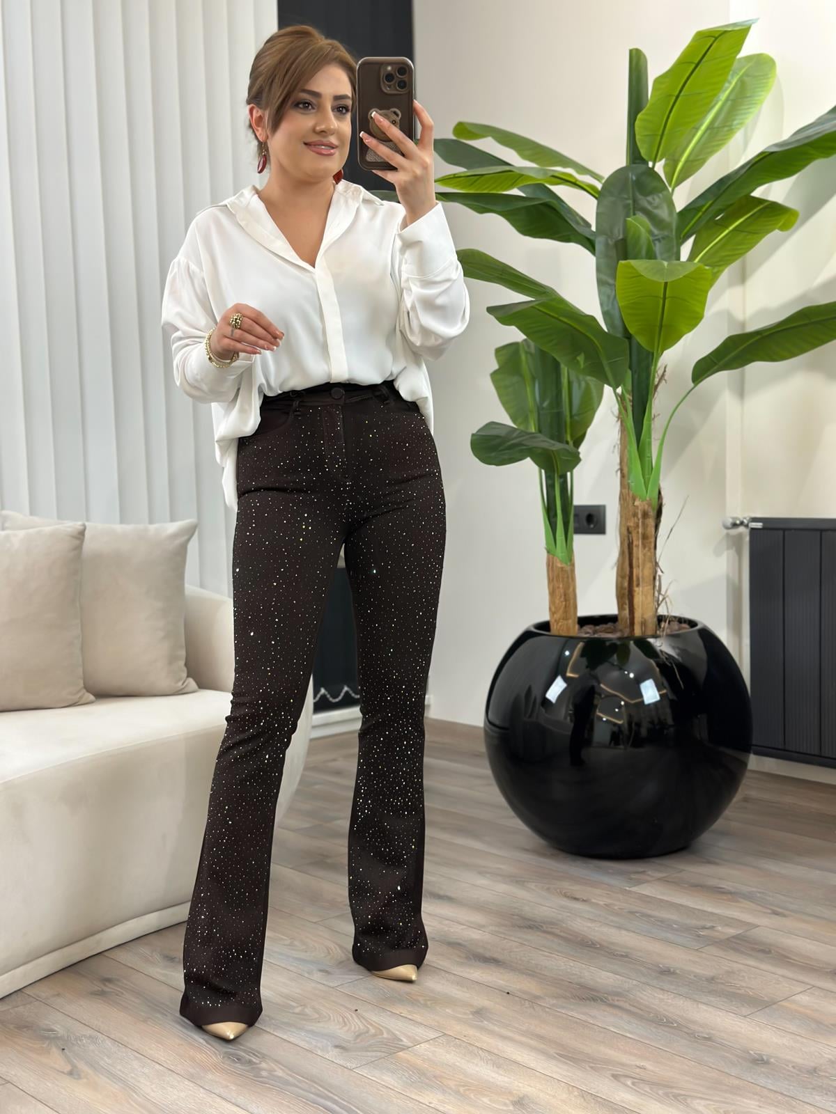 Yüksek Bel Önü Damla Taşlı Full Likralı  Büyük  Beden Pantolon ACI KAHVE