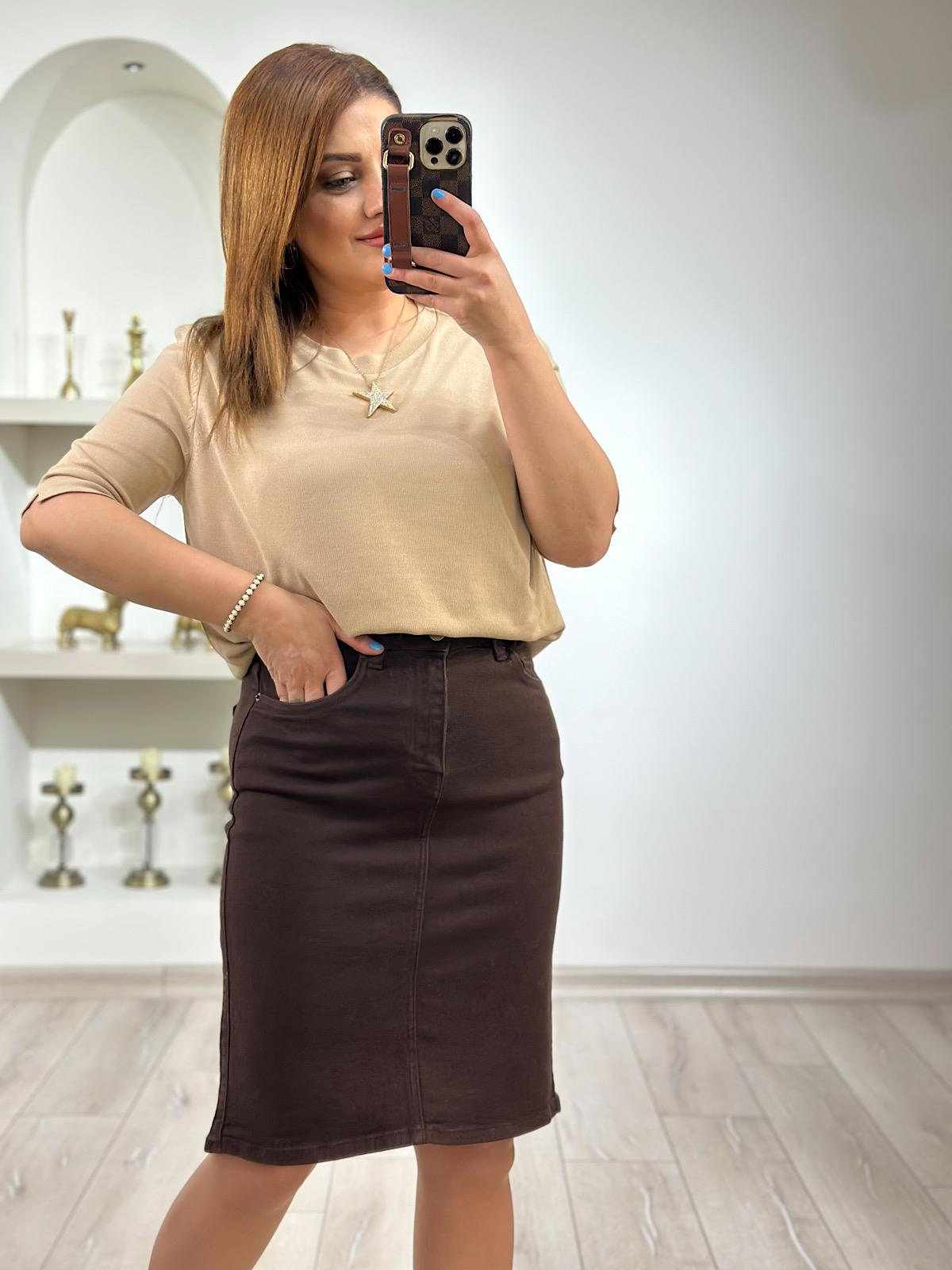Yüksek Bel Orta Boy Jean Etek KAHVE