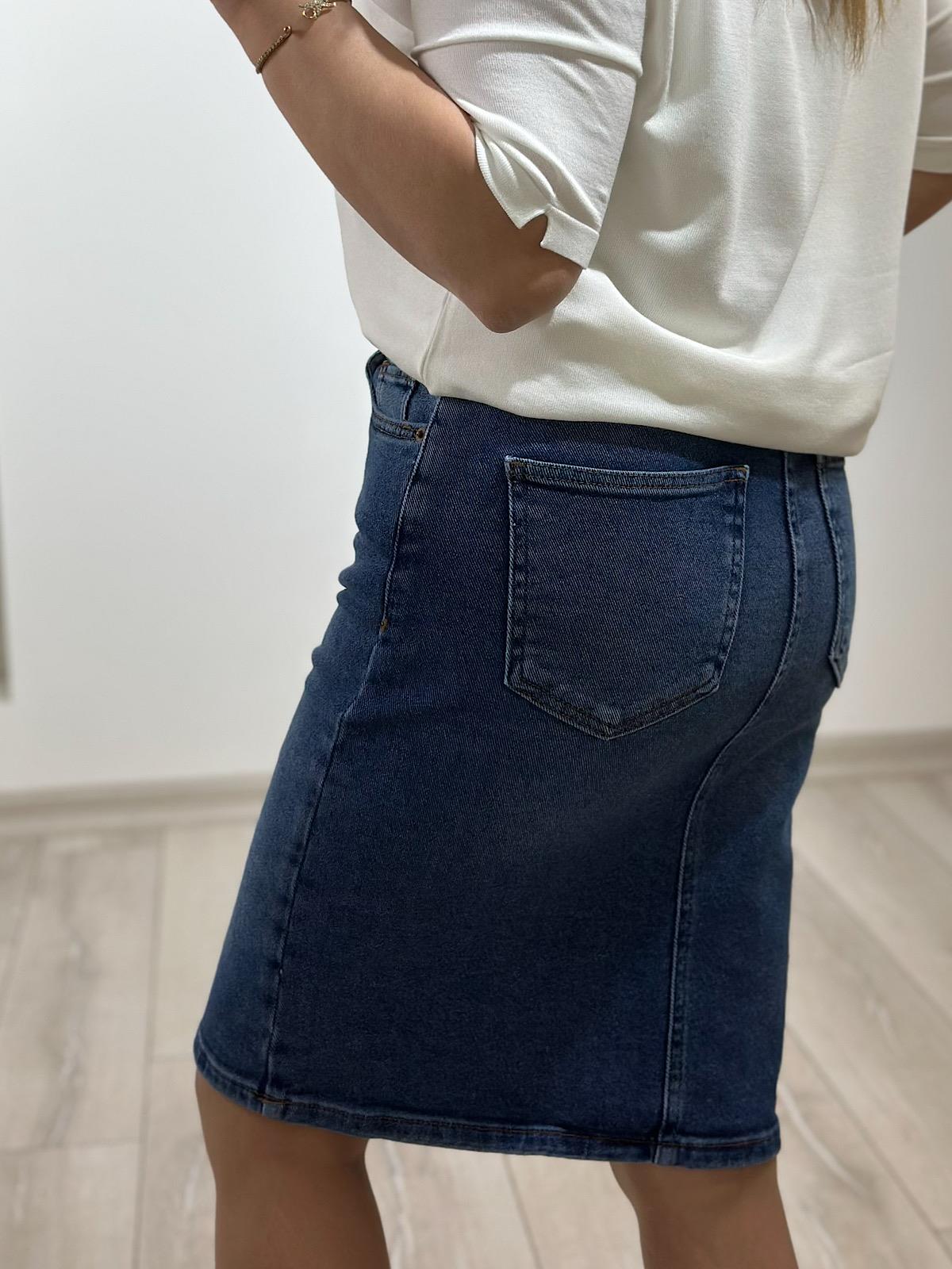 Yüksek Bel Orta Boy Jean Etek KOYU MAVİ