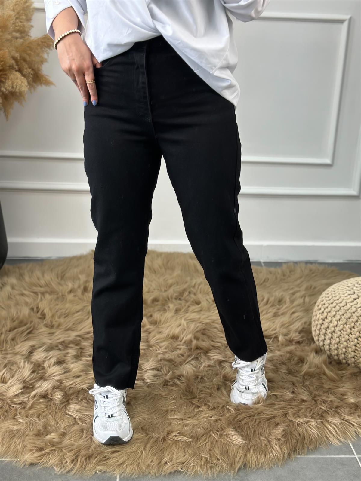 Yüksek Bel Paçası Kesik Orjinal Fit Mom SİYAH