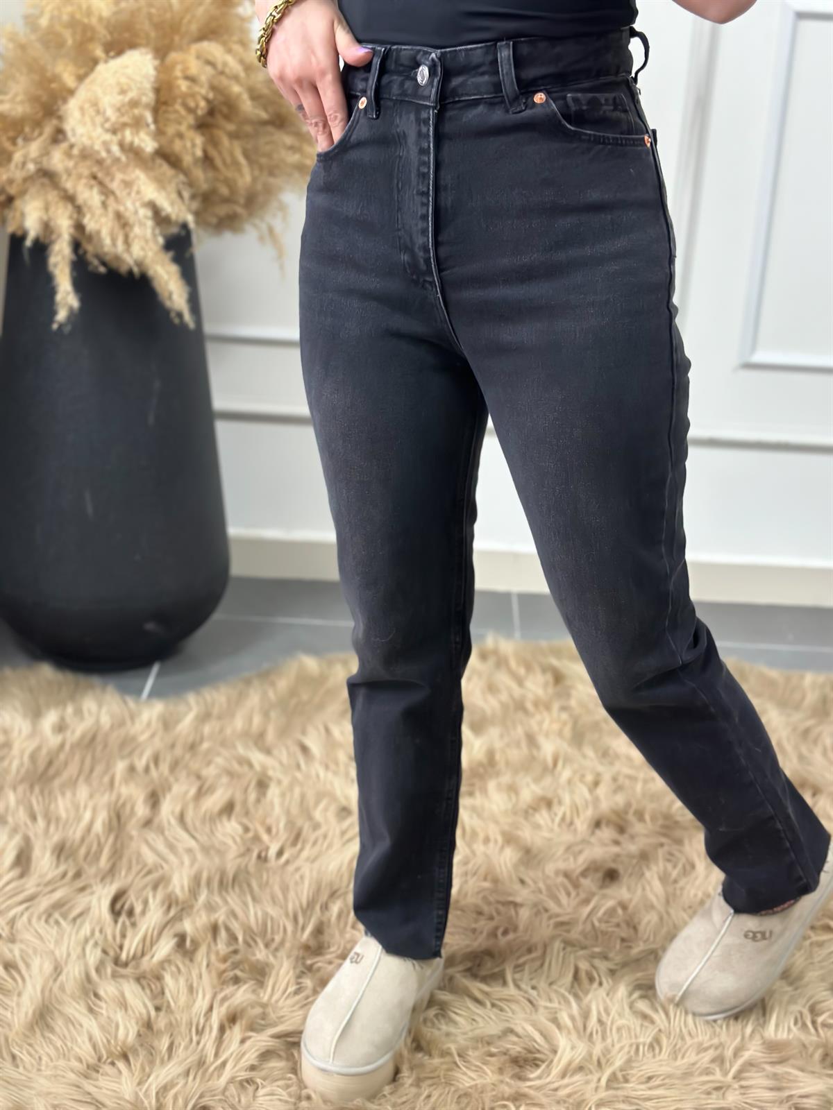 Yüksek Bel Paçası Kesik Orjinal Fit Mom FÜME