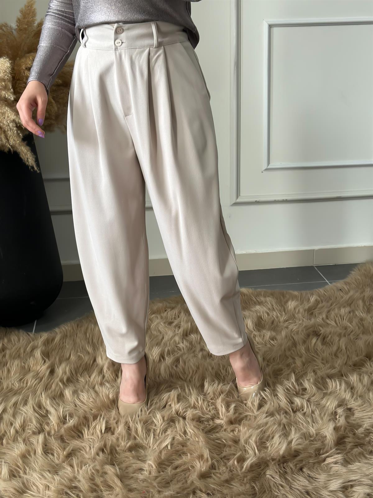 Yüksek Bel Pensli Kumaş Şalvar Pantolon EKRU