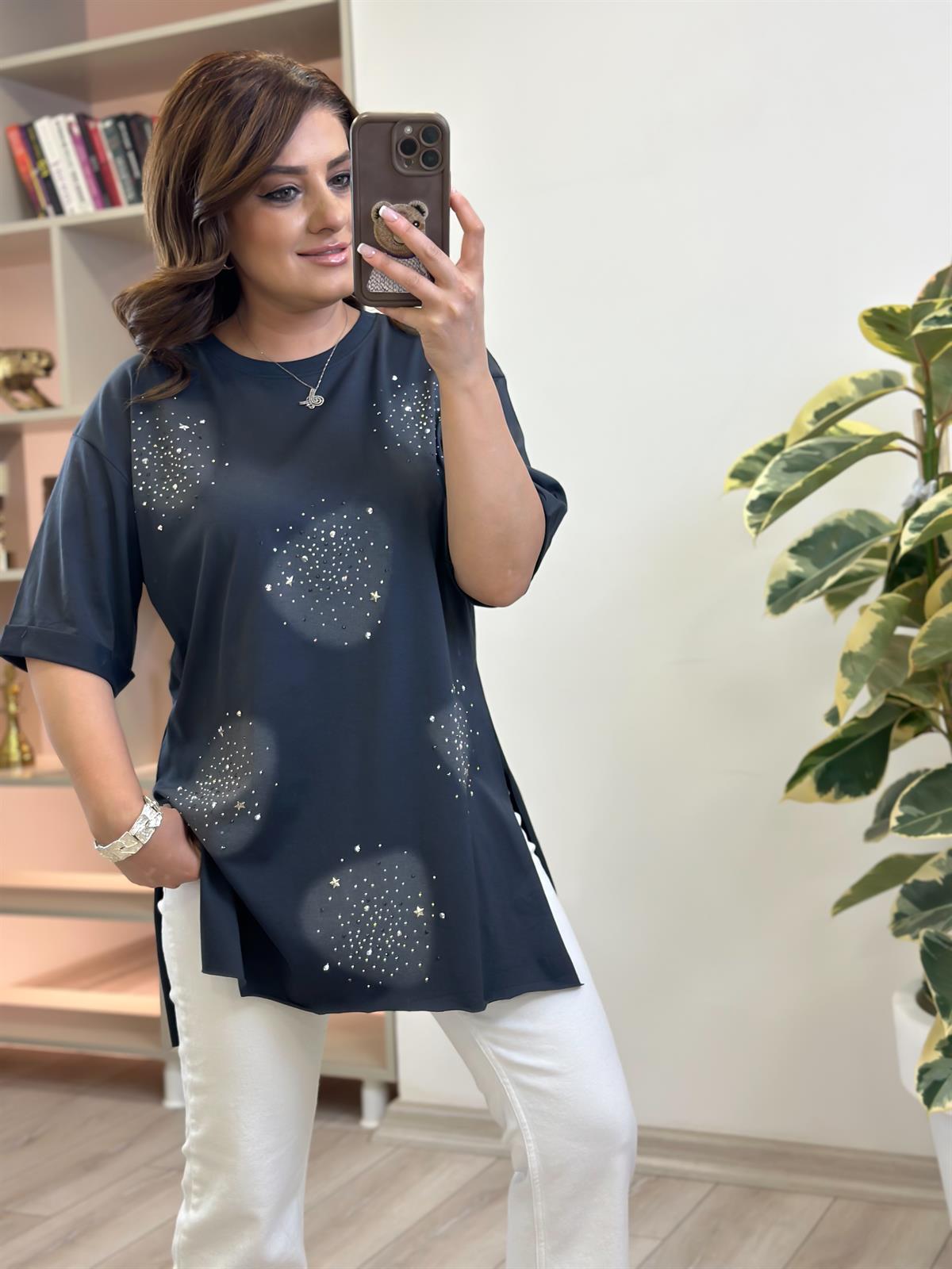 Yuvarlak Taşlı Yanları Yırtmaçlı Tshirt ANTRASİT