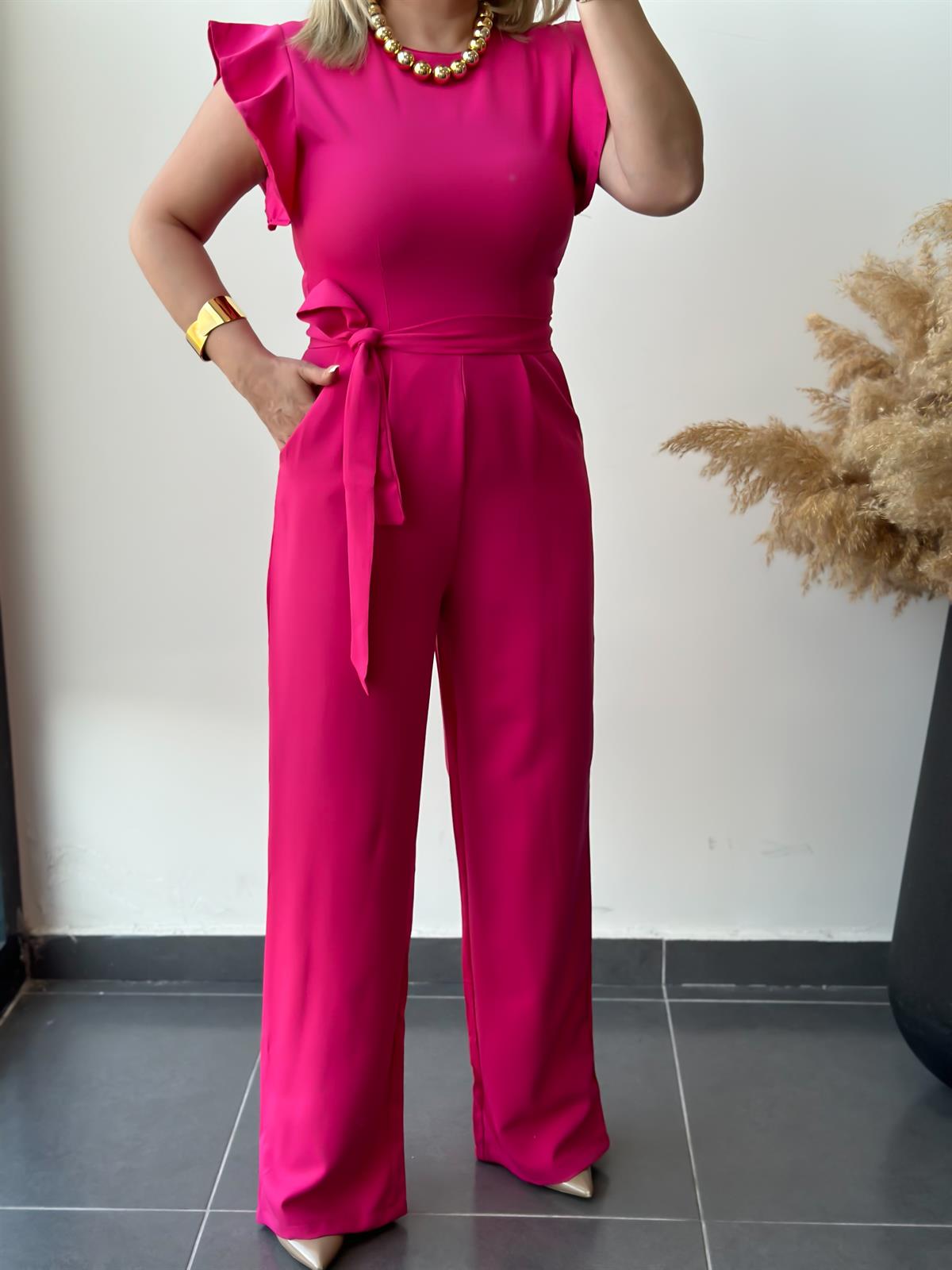 Yuvarlak Yaka Kısa Kollu Kemerli Tulum FUŞYA