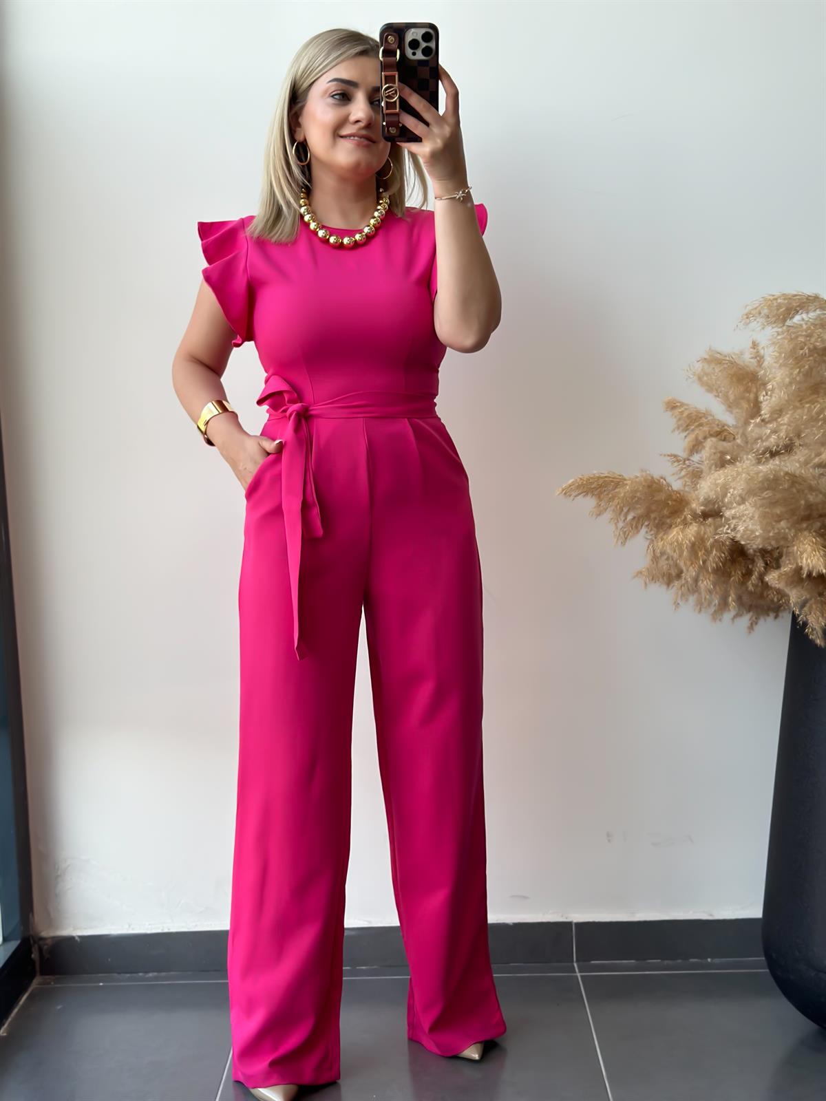 Yuvarlak Yaka Kısa Kollu Kemerli Tulum FUŞYA