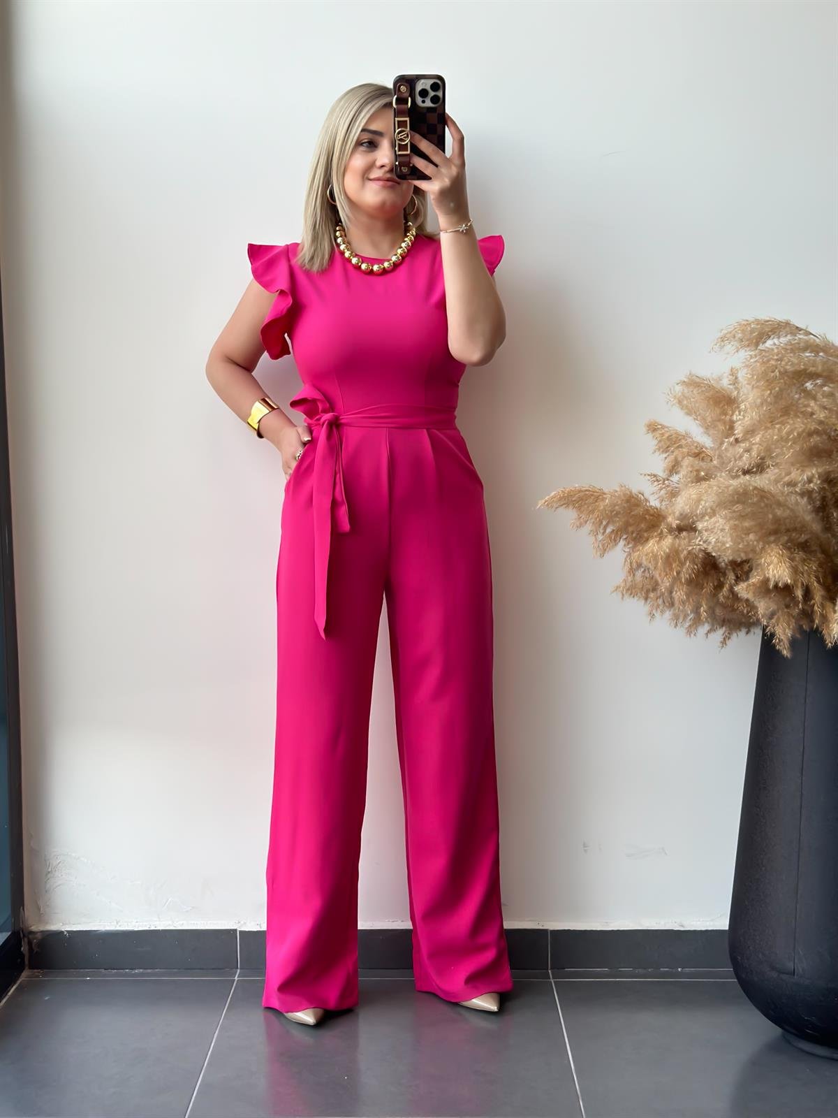 Yuvarlak Yaka Kısa Kollu Kemerli Tulum FUŞYA