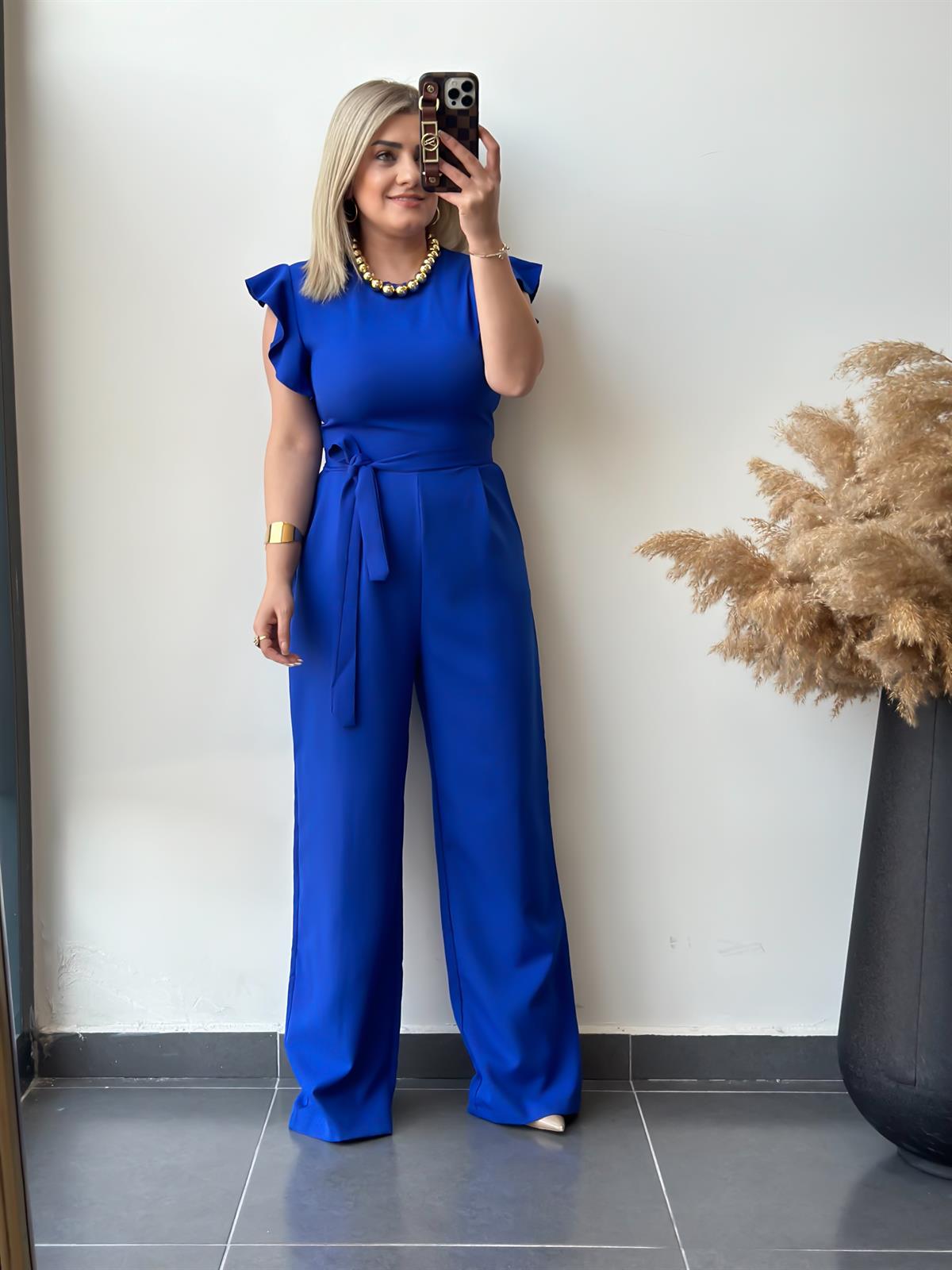 Yuvarlak Yaka Kısa Kollu Kemerli Tulum SAKS