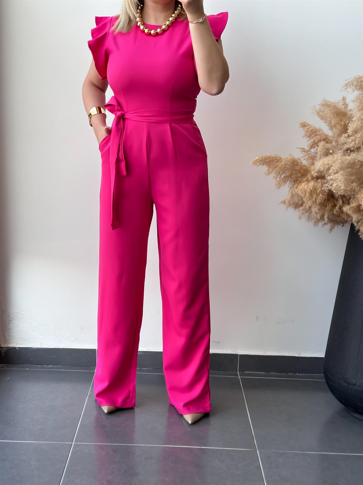 Yuvarlak Yaka Kısa Kollu Kemerli Tulum FUŞYA