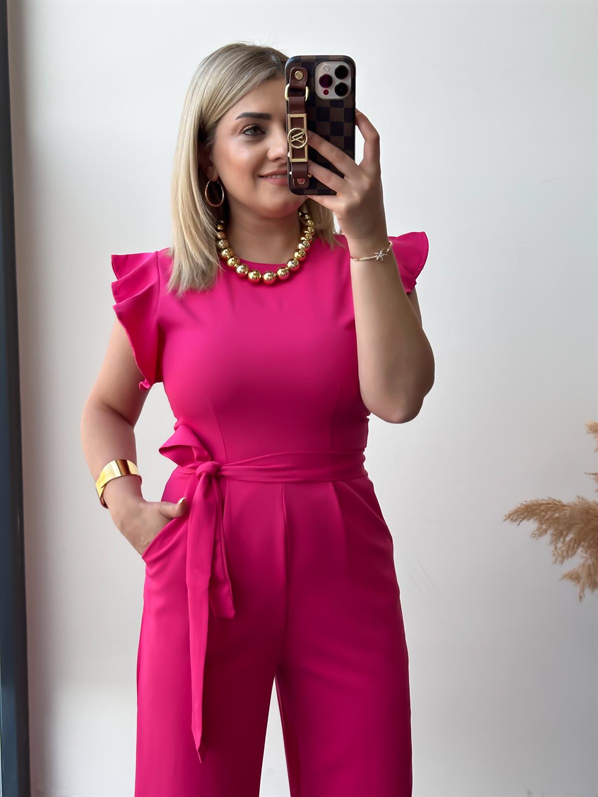 Yuvarlak Yaka Kısa Kollu Kemerli Tulum FUŞYA