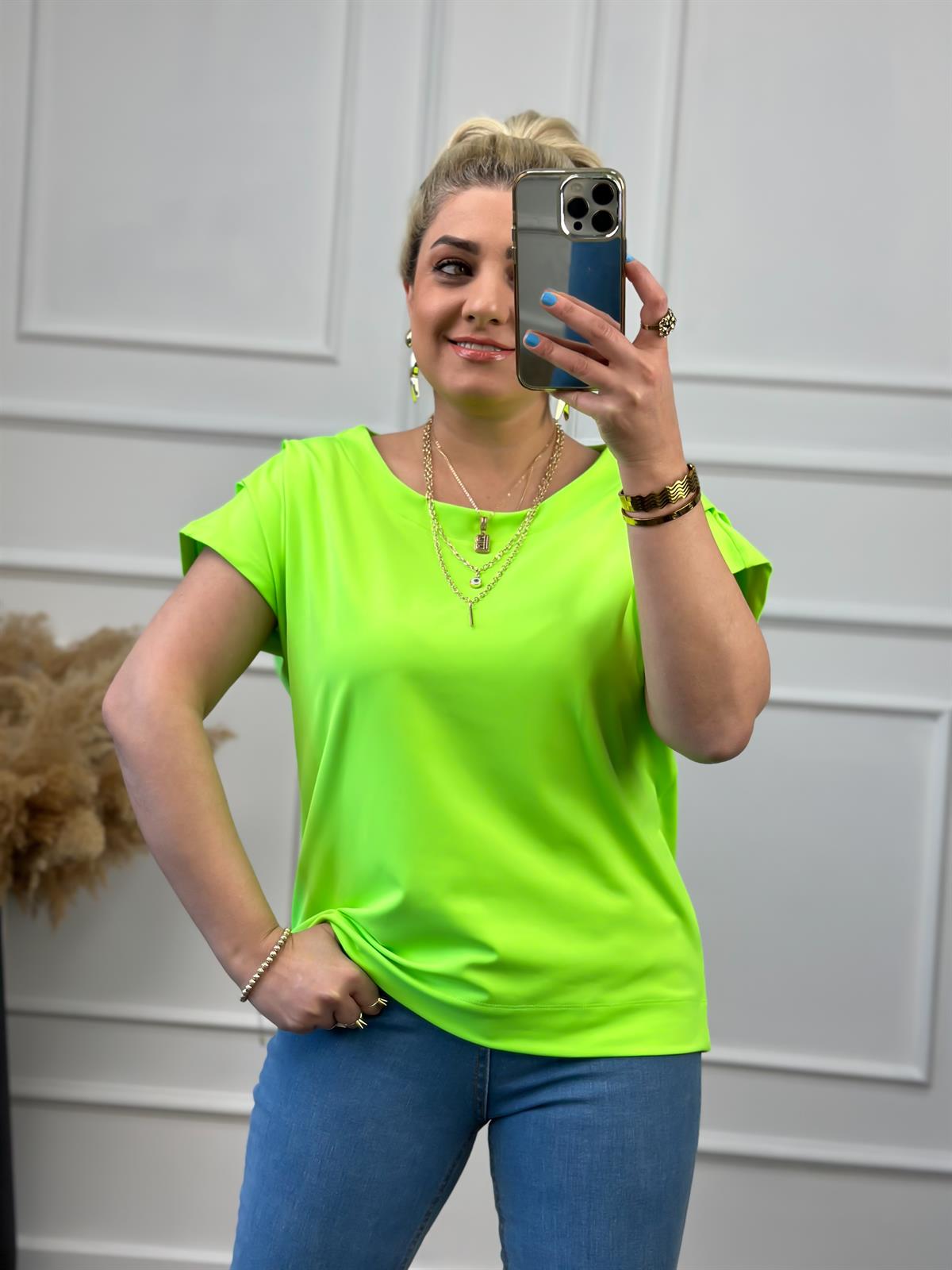 Yuvarlak Yaka Omuzu Drapeli Bluz NEON YEŞİL