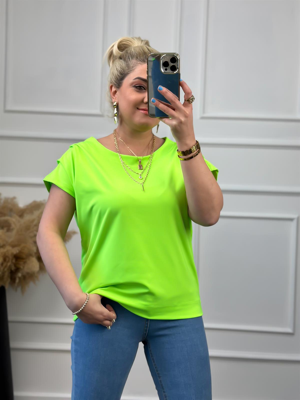 Yuvarlak Yaka Omuzu Drapeli Bluz NEON YEŞİL