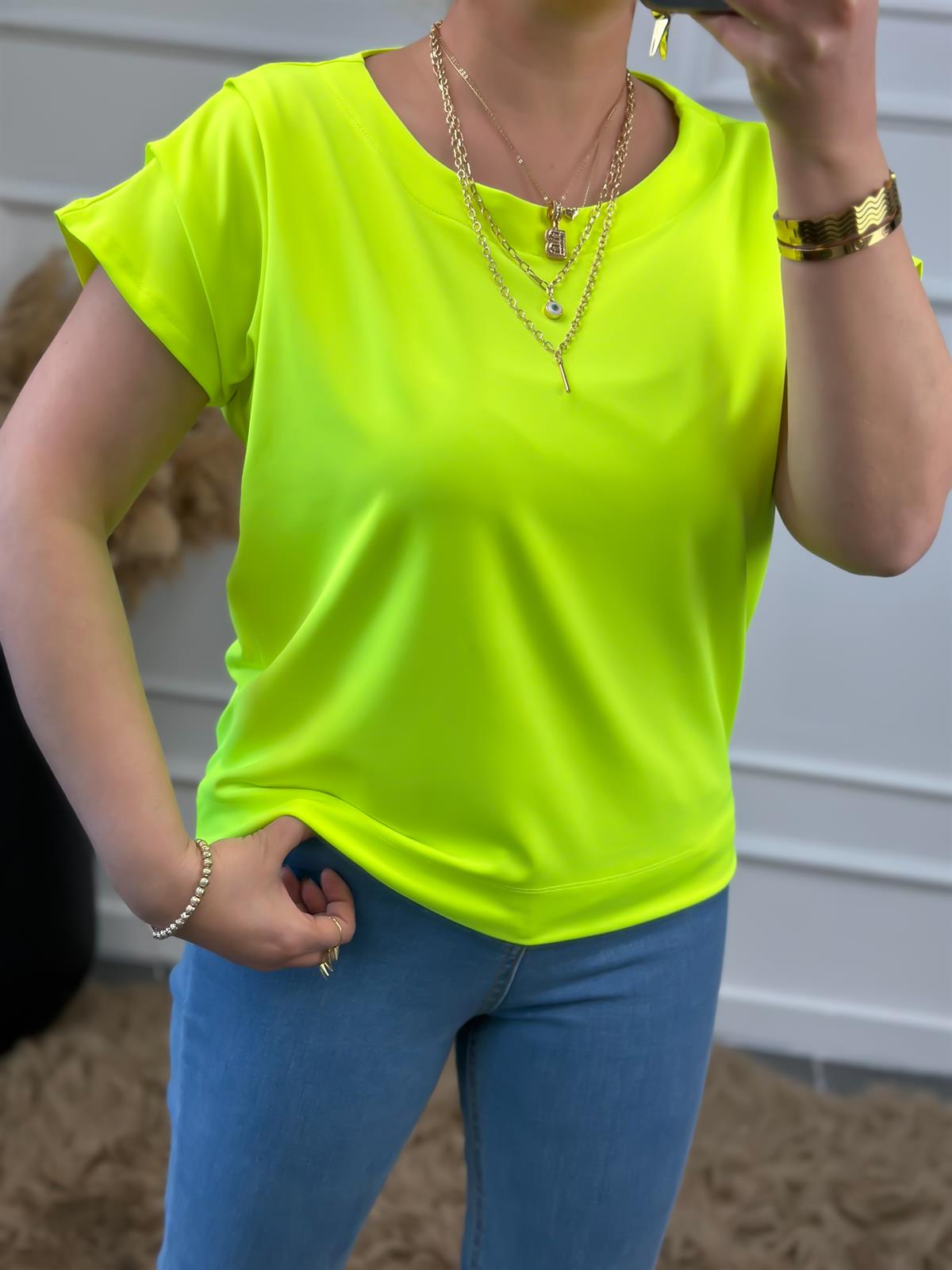 Yuvarlak Yaka Omuzu Drapeli Bluz NEON SARI