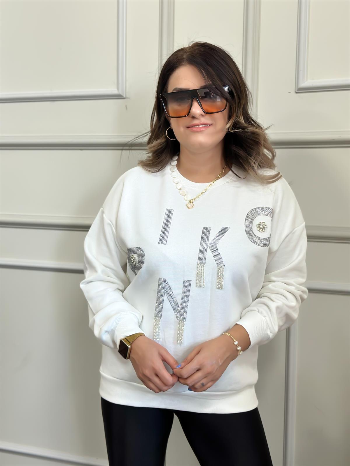 Yuvarlak Yaka Pinko Taş İşlemeli Sweatshırt BEYAZ