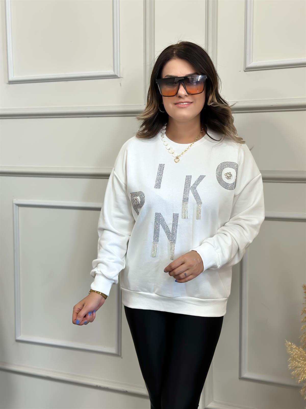 Yuvarlak Yaka Pinko Taş İşlemeli Sweatshırt BEYAZ