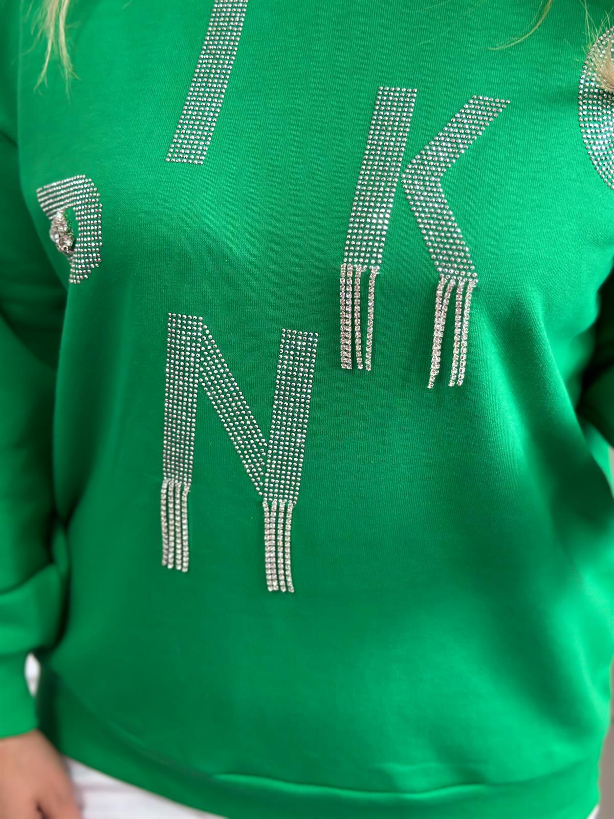 Yuvarlak Yaka Pinko Taş İşlemeli Sweatshırt YEŞİL