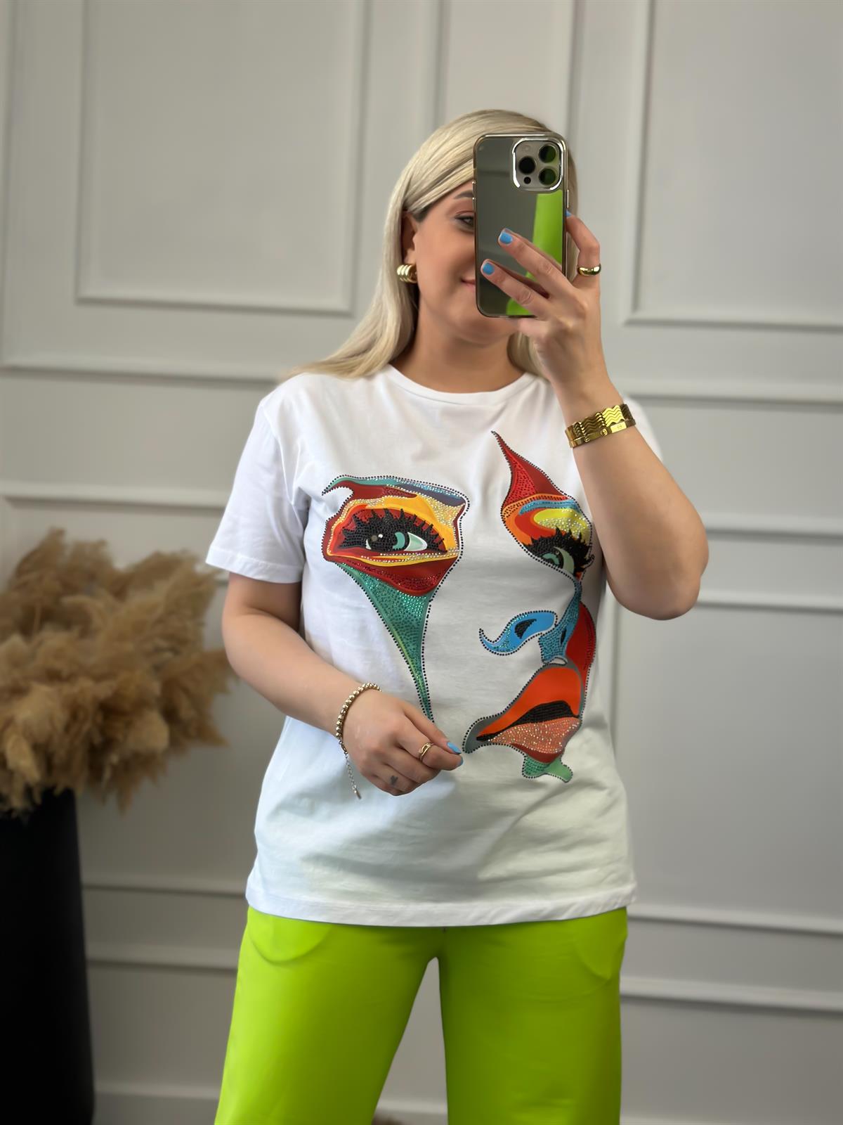 Yüz Baskılı Taş İşlemeli Bisiklet Yaka Tshirt BEYAZ