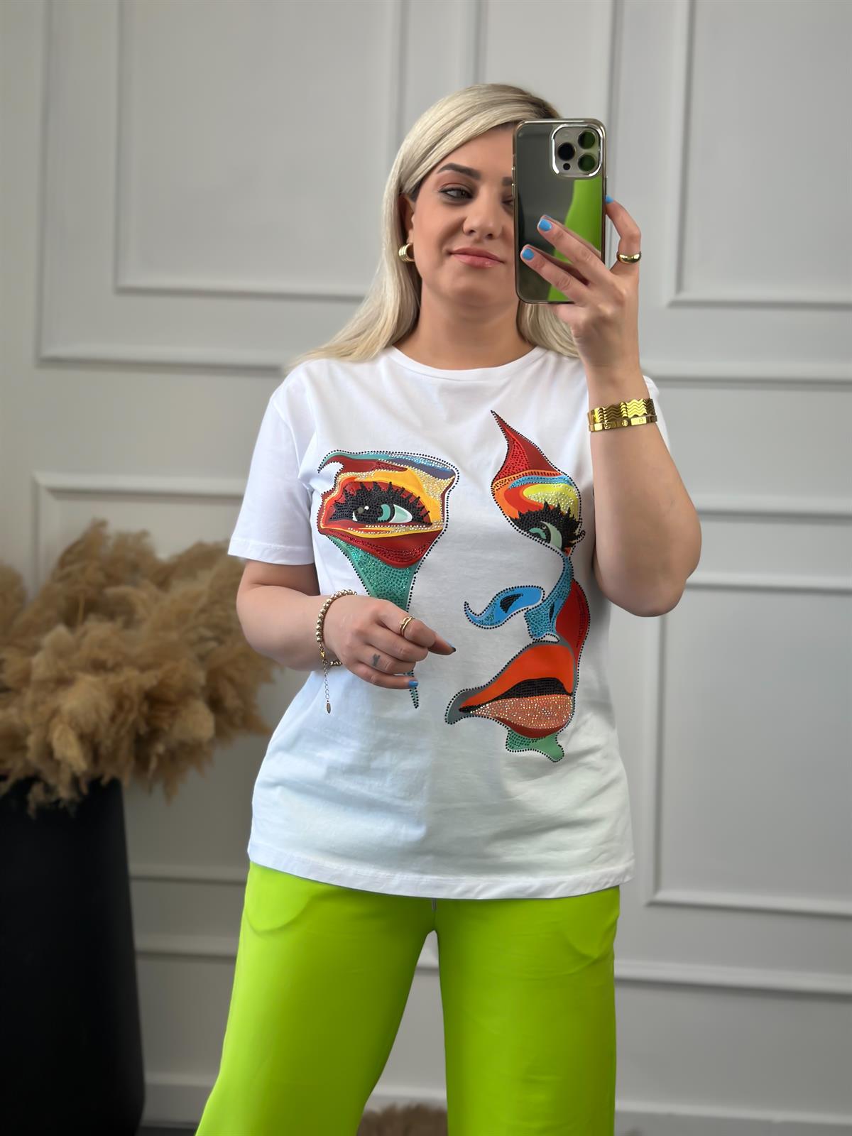 Yüz Baskılı Taş İşlemeli Bisiklet Yaka Tshirt BEYAZ