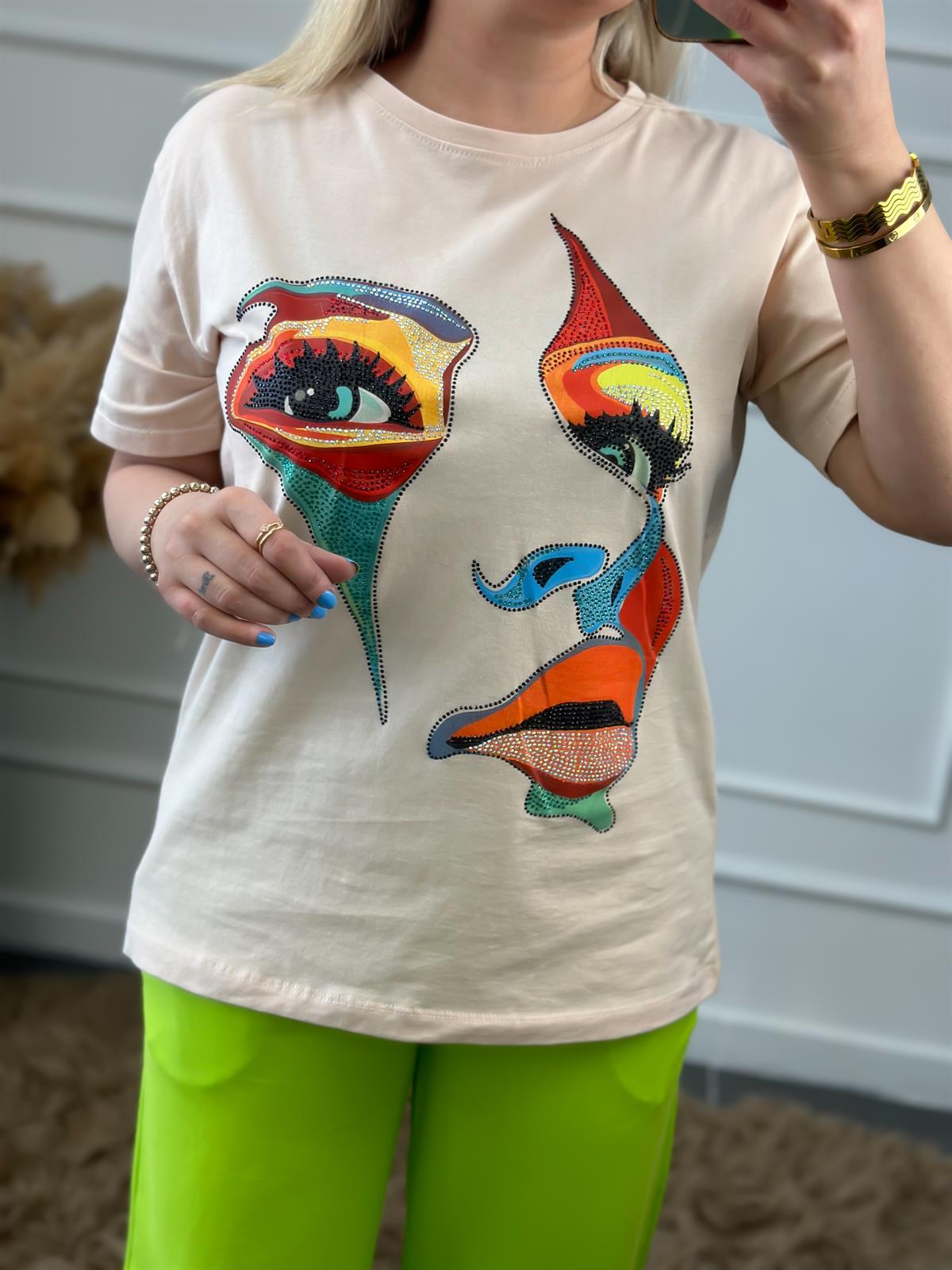 Yüz Baskılı Taş İşlemeli Bisiklet Yaka Tshirt BEJ