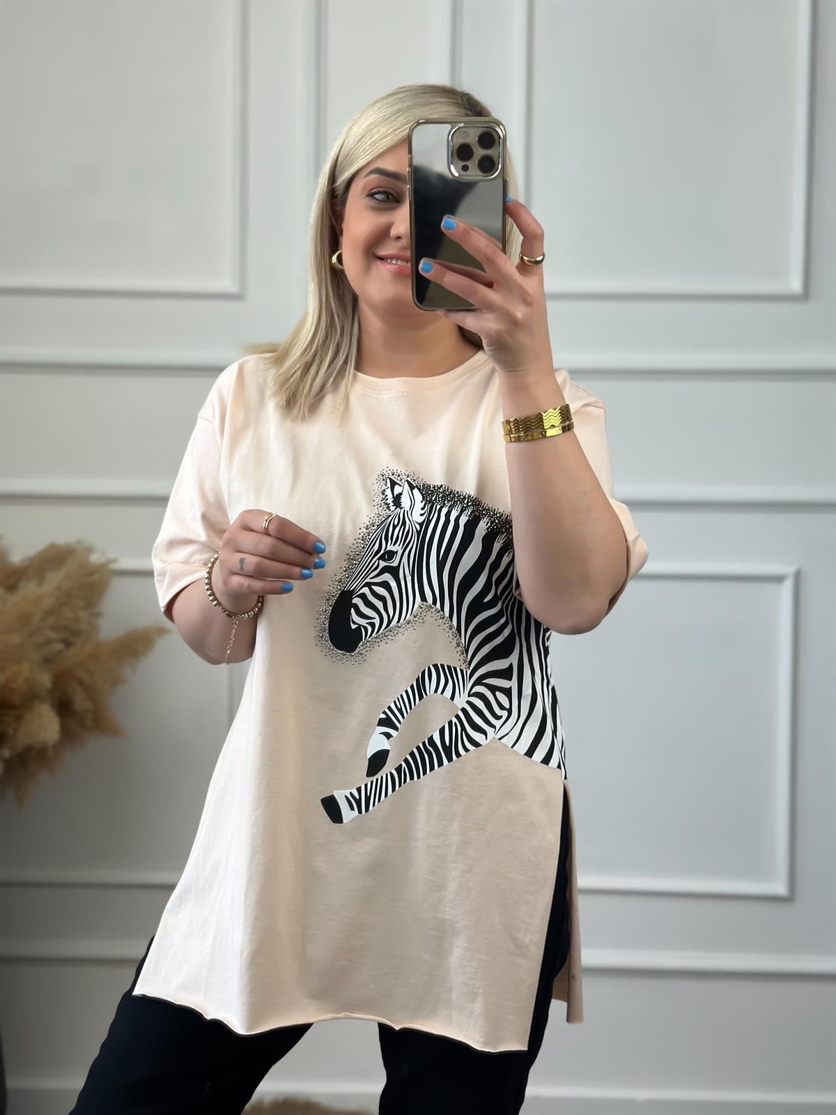 Zebra Desen Bisiklet Yaka Oversize Tshirt BEJ