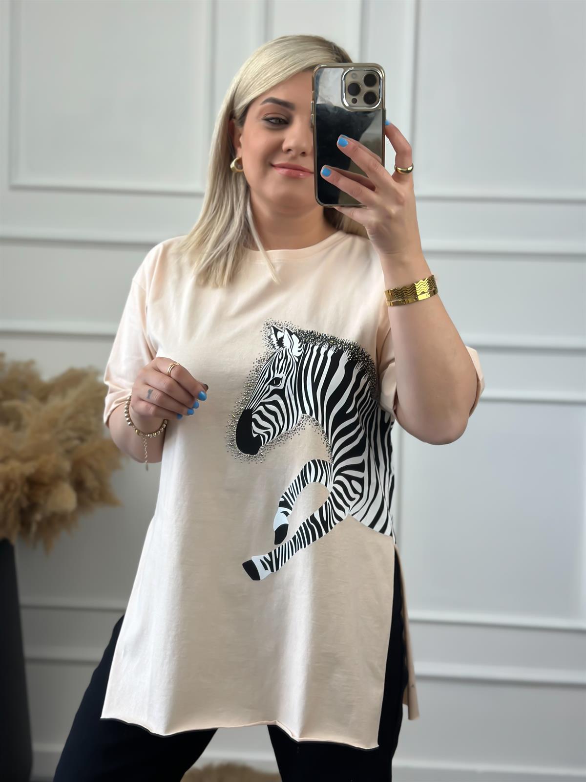 Zebra Desen Bisiklet Yaka Oversize Tshirt BEJ